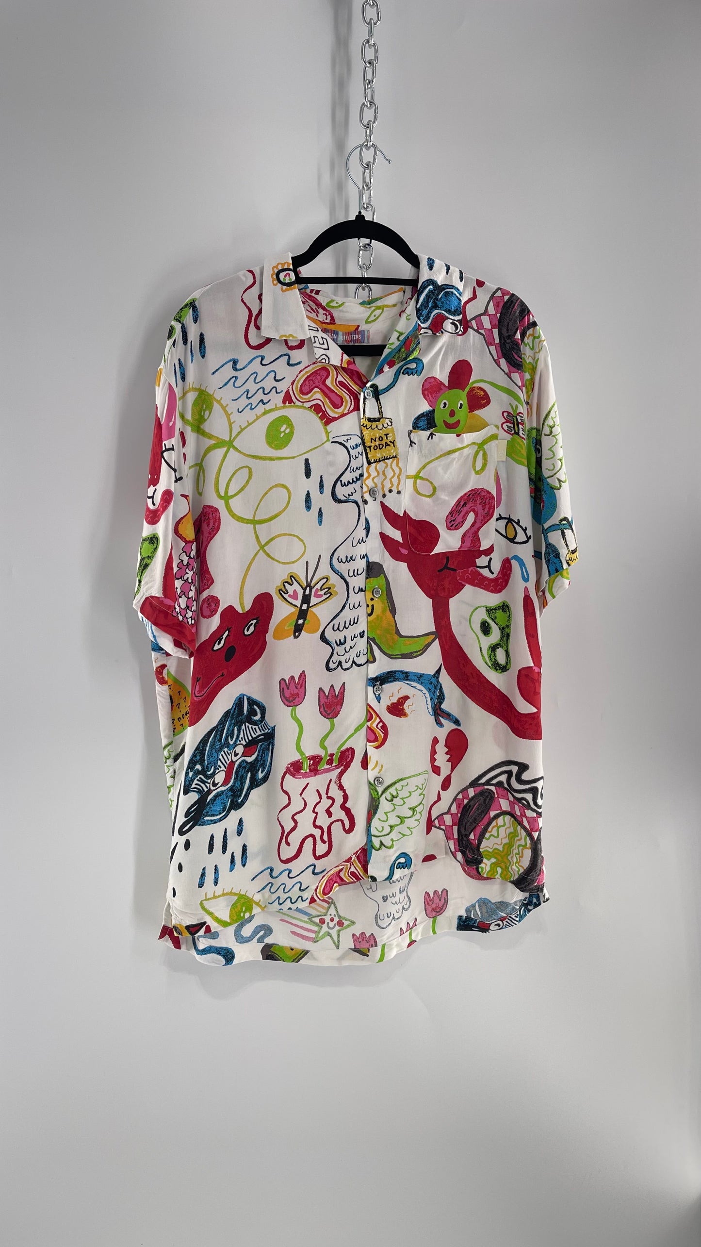 Urban Outfitters Happy Days Colorful Doodle Button Up (Large)