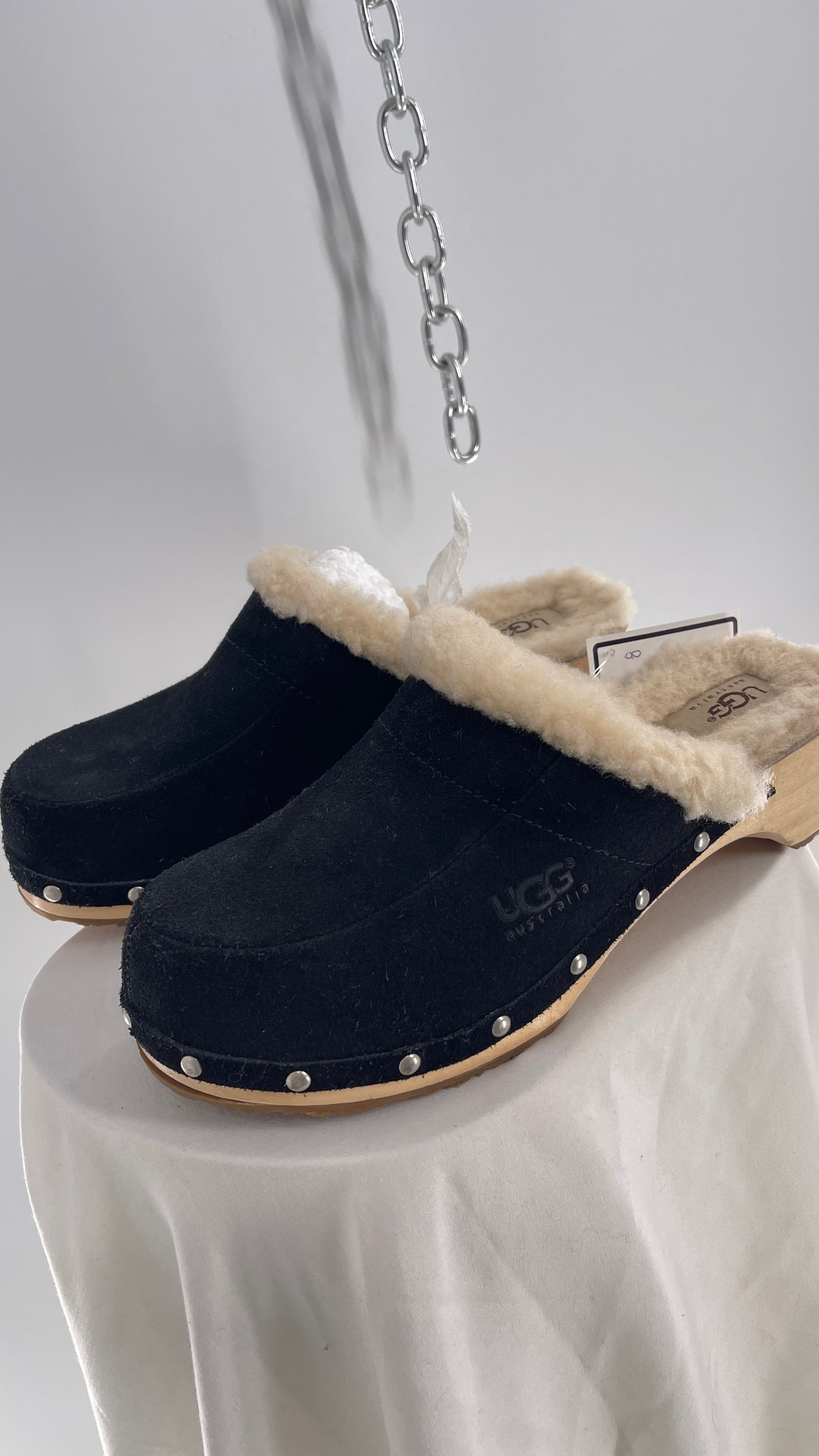UGG Vintage Side Studded Black Suede Fur Lined Wooden Clog (8)