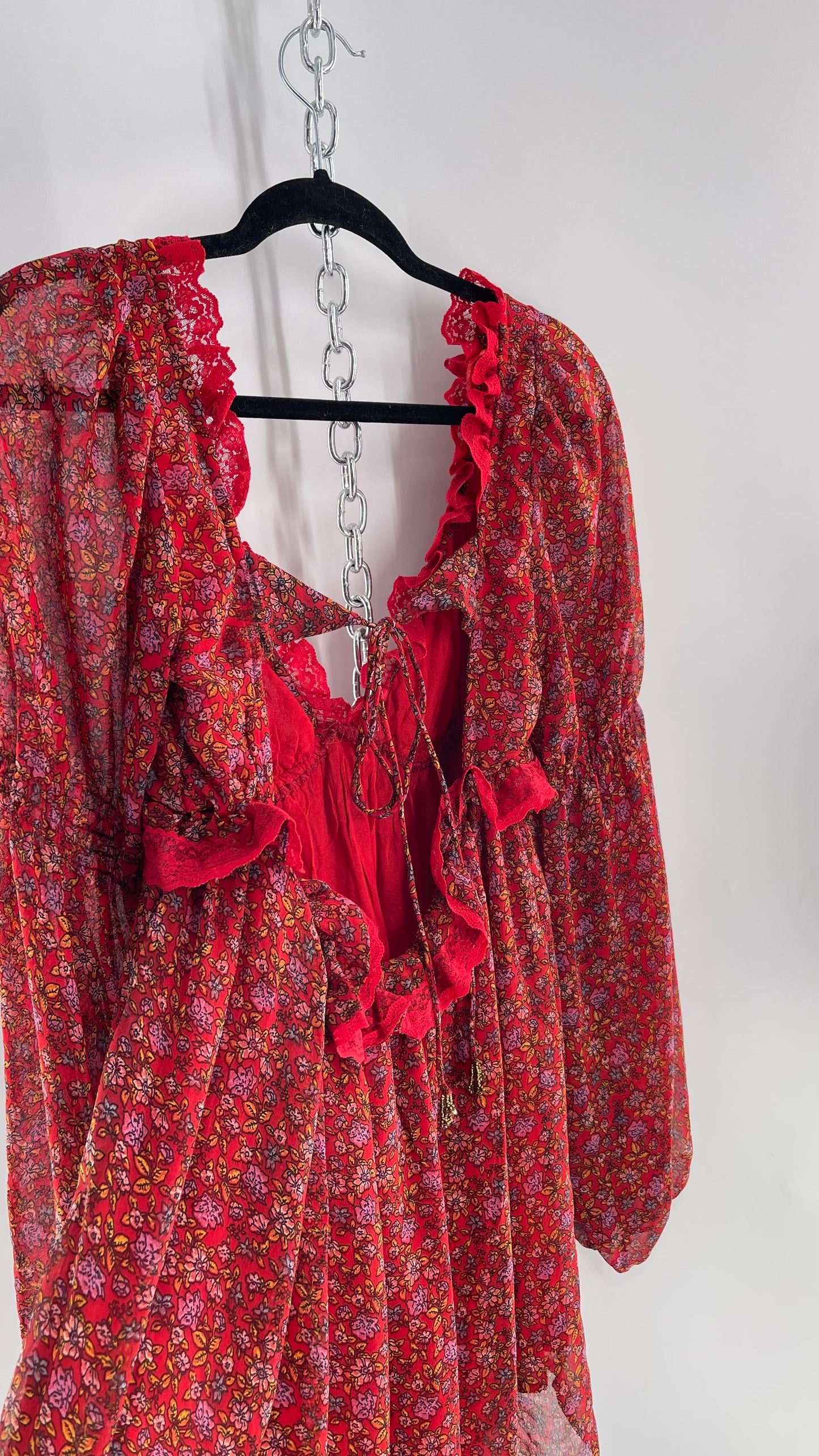 Free People Red Floral Mini Dress with Lace Trim, Open Back and Balloon Sleeves (Small)