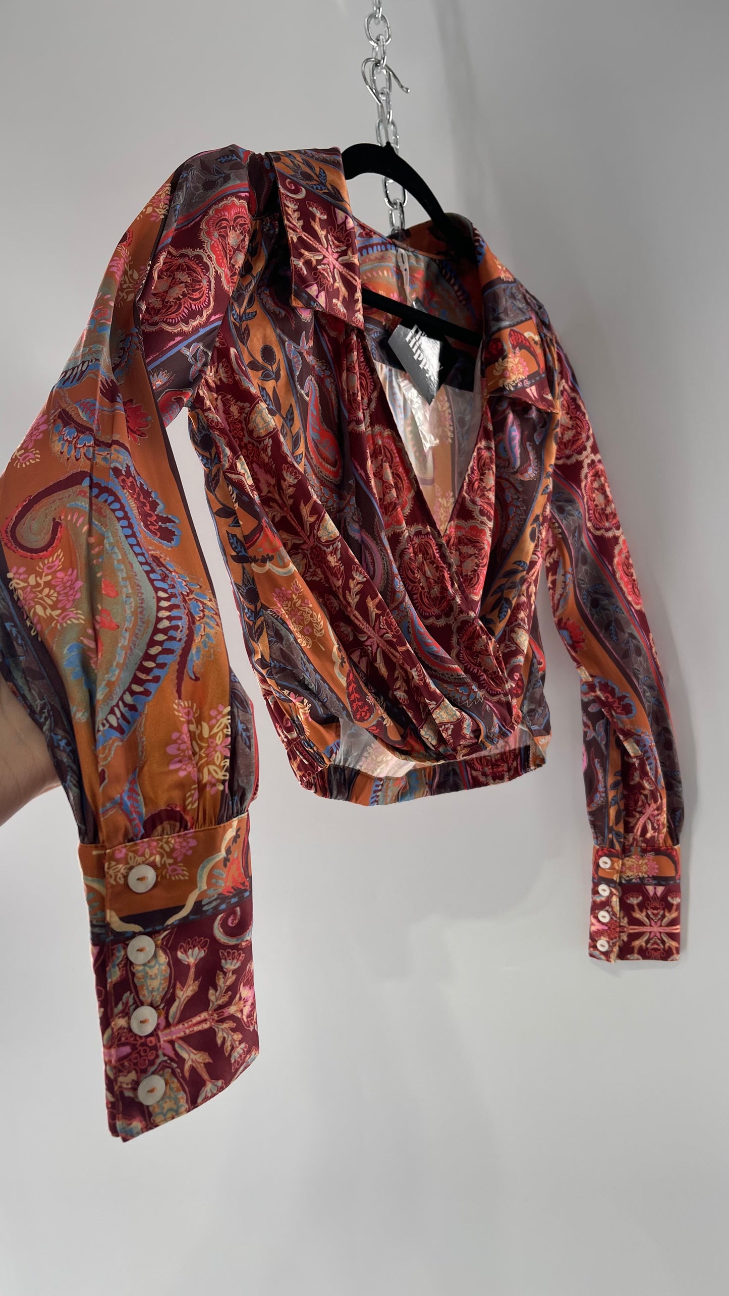 Free People Paisley Patterned Warm Toned Cross Front Collared Cropped Blouse with Buttoned Cuffs (XS)