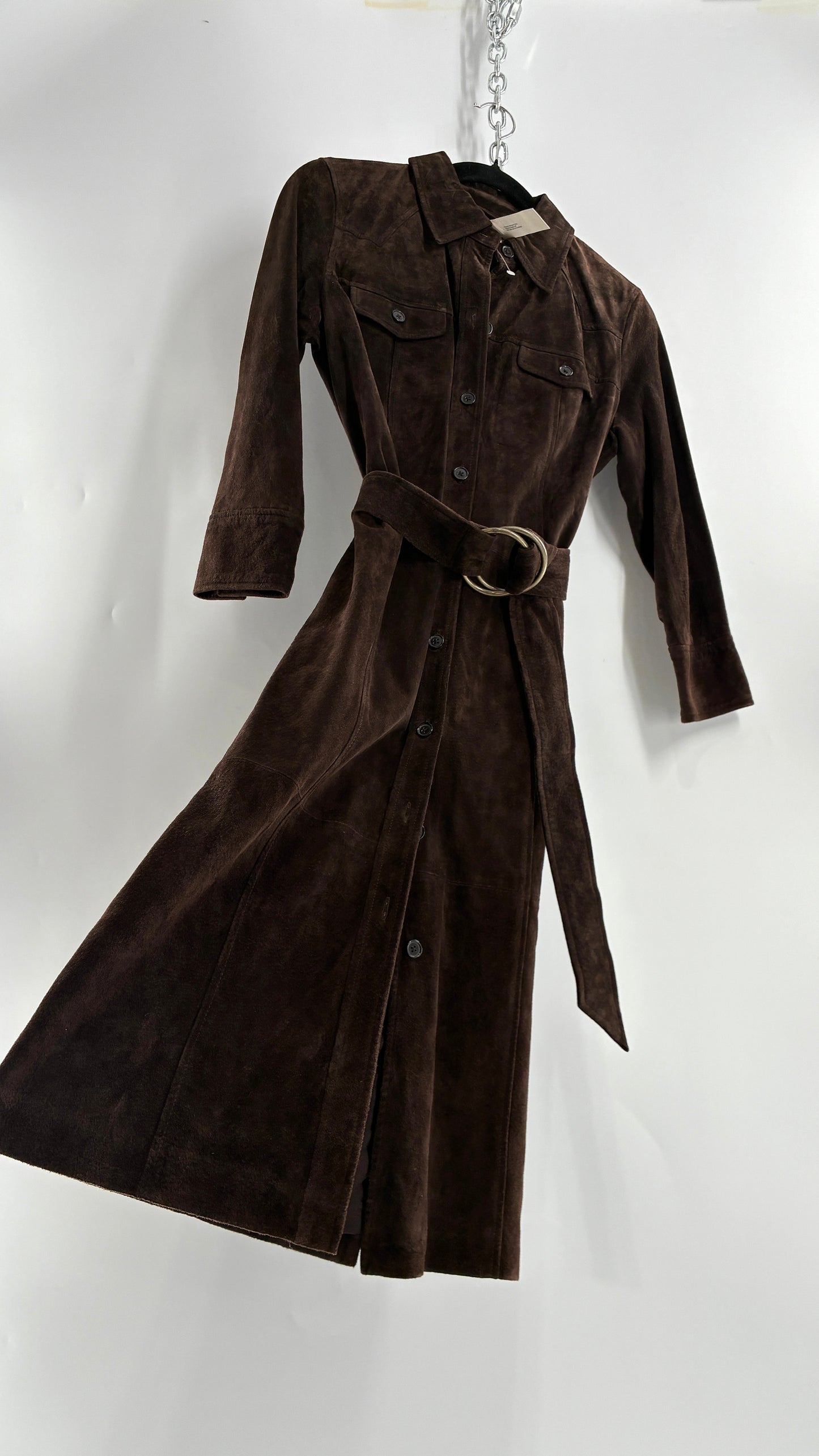 Vintage LOFT Brown Suede Leather Button Front, Belted Midi Dress with Tags Attached (4)