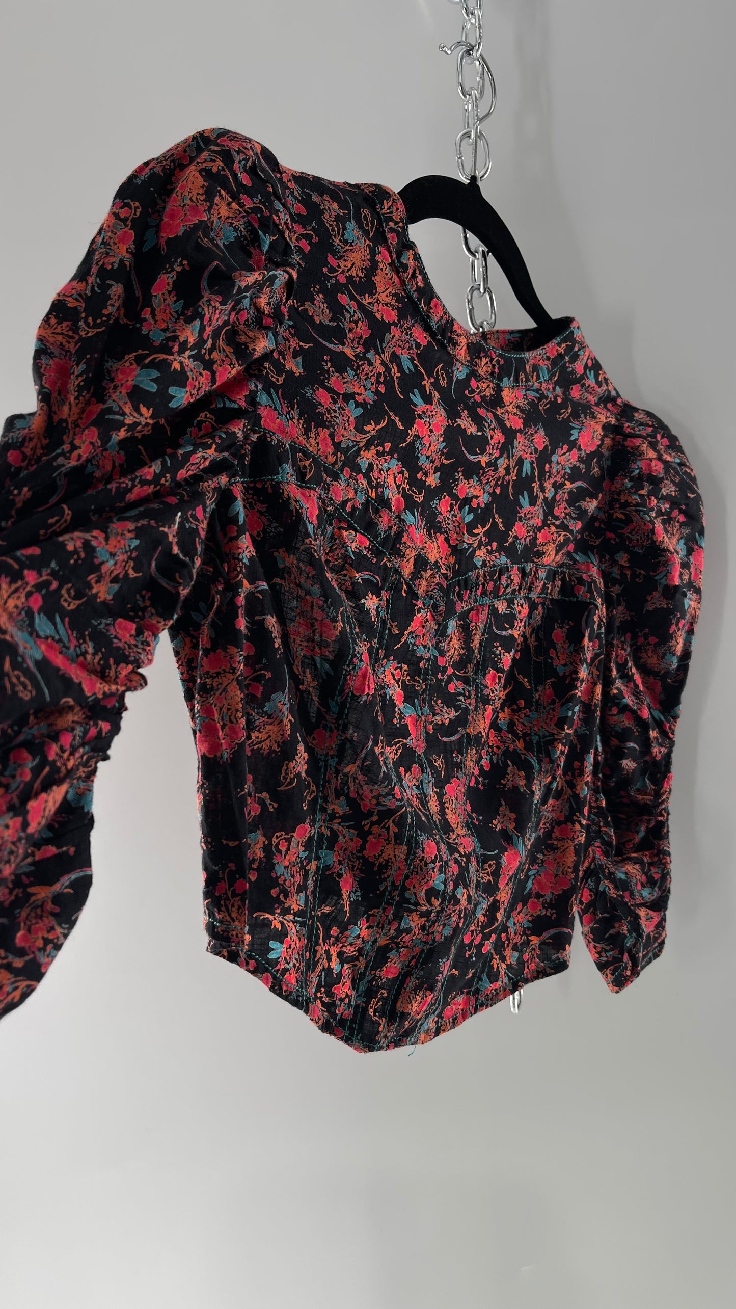 Free People Black Corset-esque Crop Top with Open Back and Ruched Sleeves (XS)