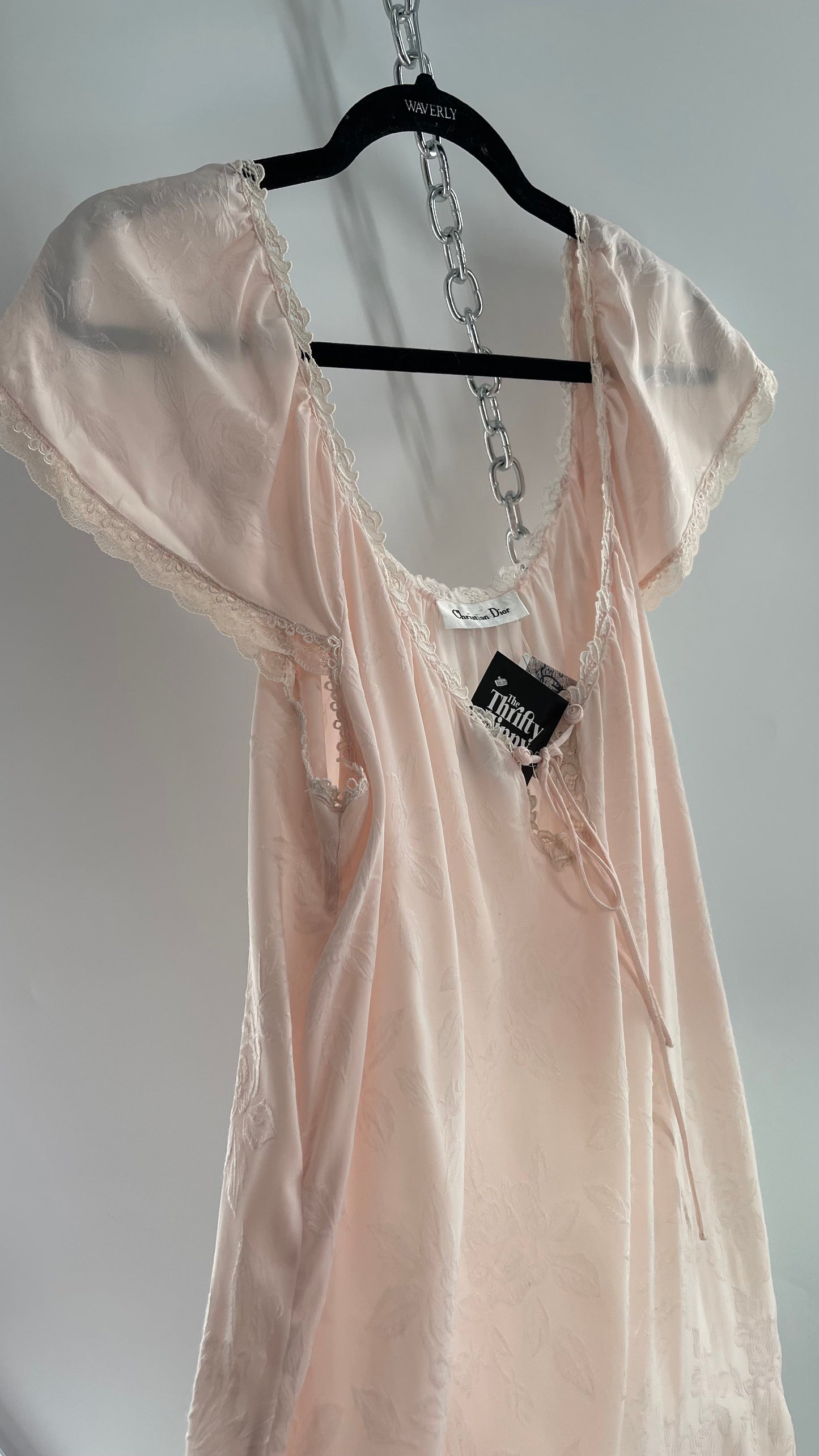 Vintage Christian Dior Pink Night Gown/ Maxi Dress with Floral Embossed Design, Lace Trim and Rosettes (Large)