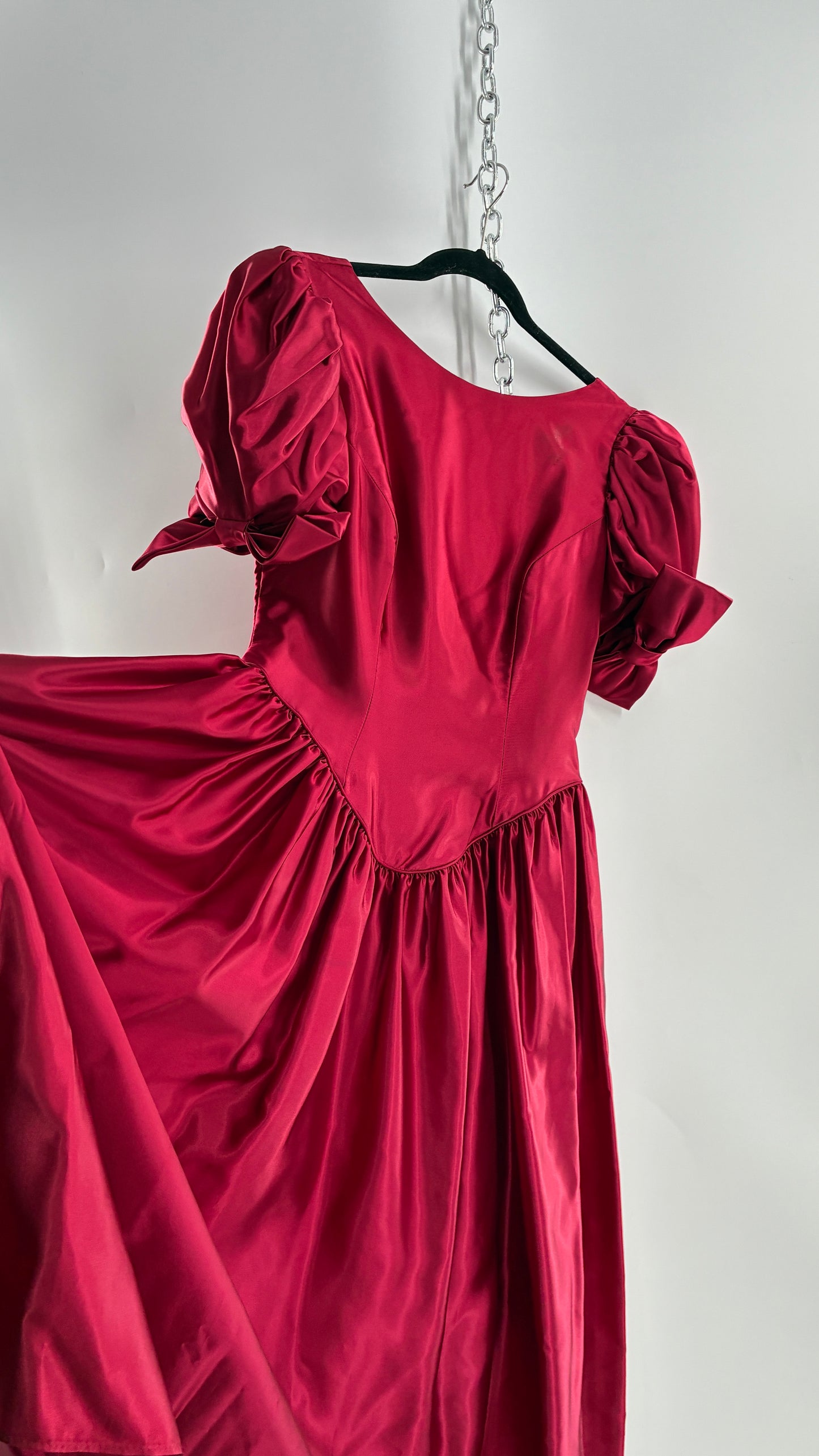 Vintage Red Silky Satin Corset Style Dress with Sweetheart Neckline, Puff Sleeves, Oversized Bow Bum, Open Back and Draping Pearls (10P)