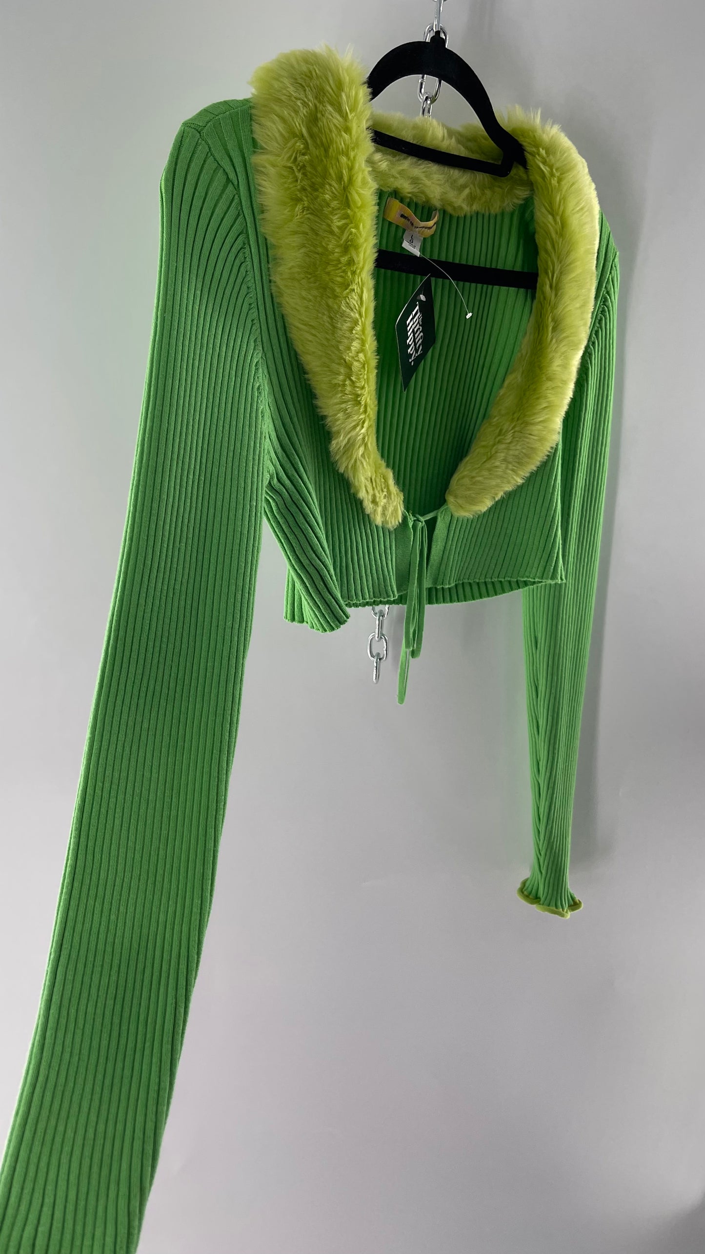 Urban Outfitters Lime Green Ribbed Ribbed Faux Fur Collar Shrug (Large)