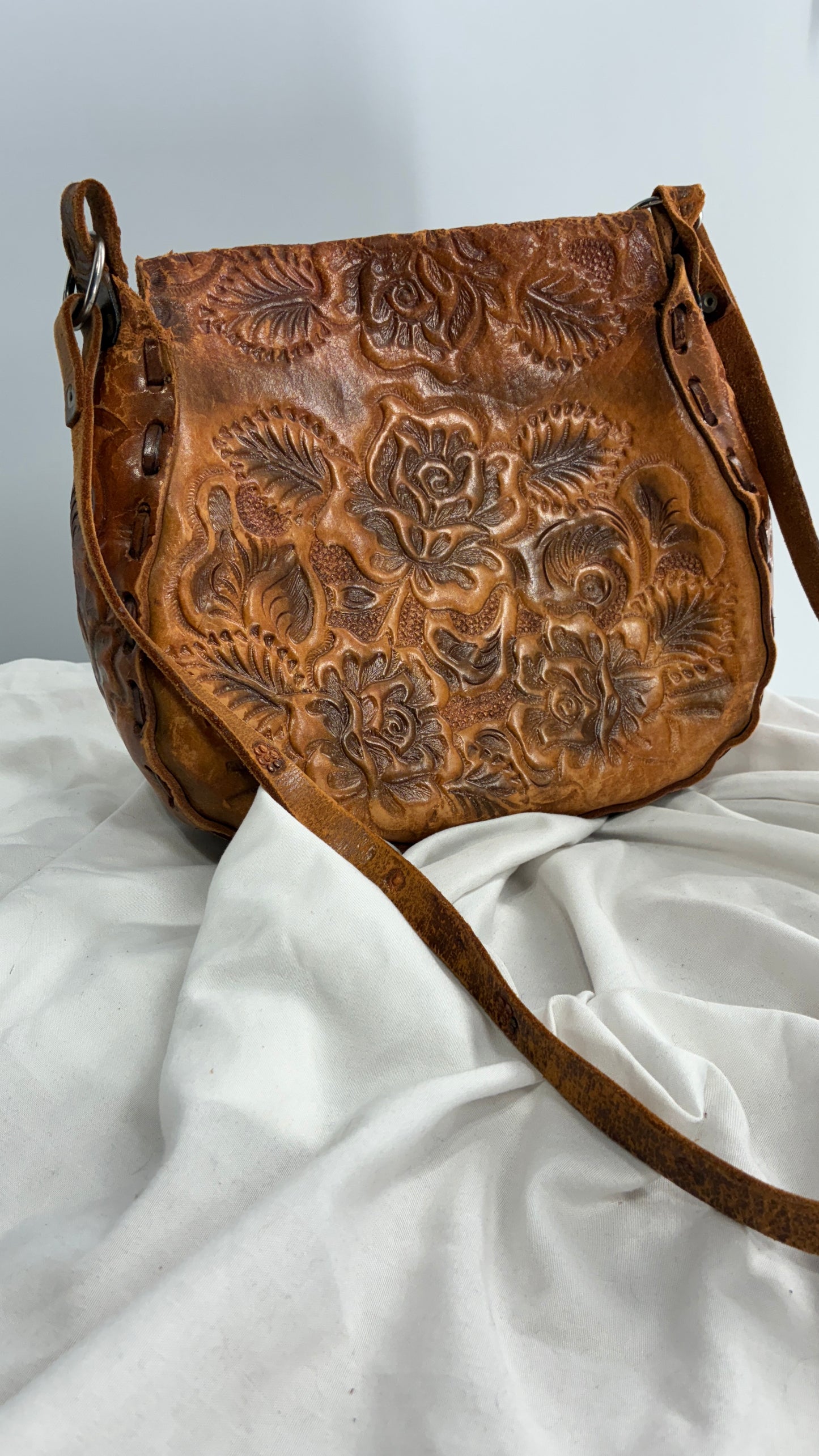 Vintage Made in Mexico Rose Embossed Leather Satchel Bag with Debbie Signature