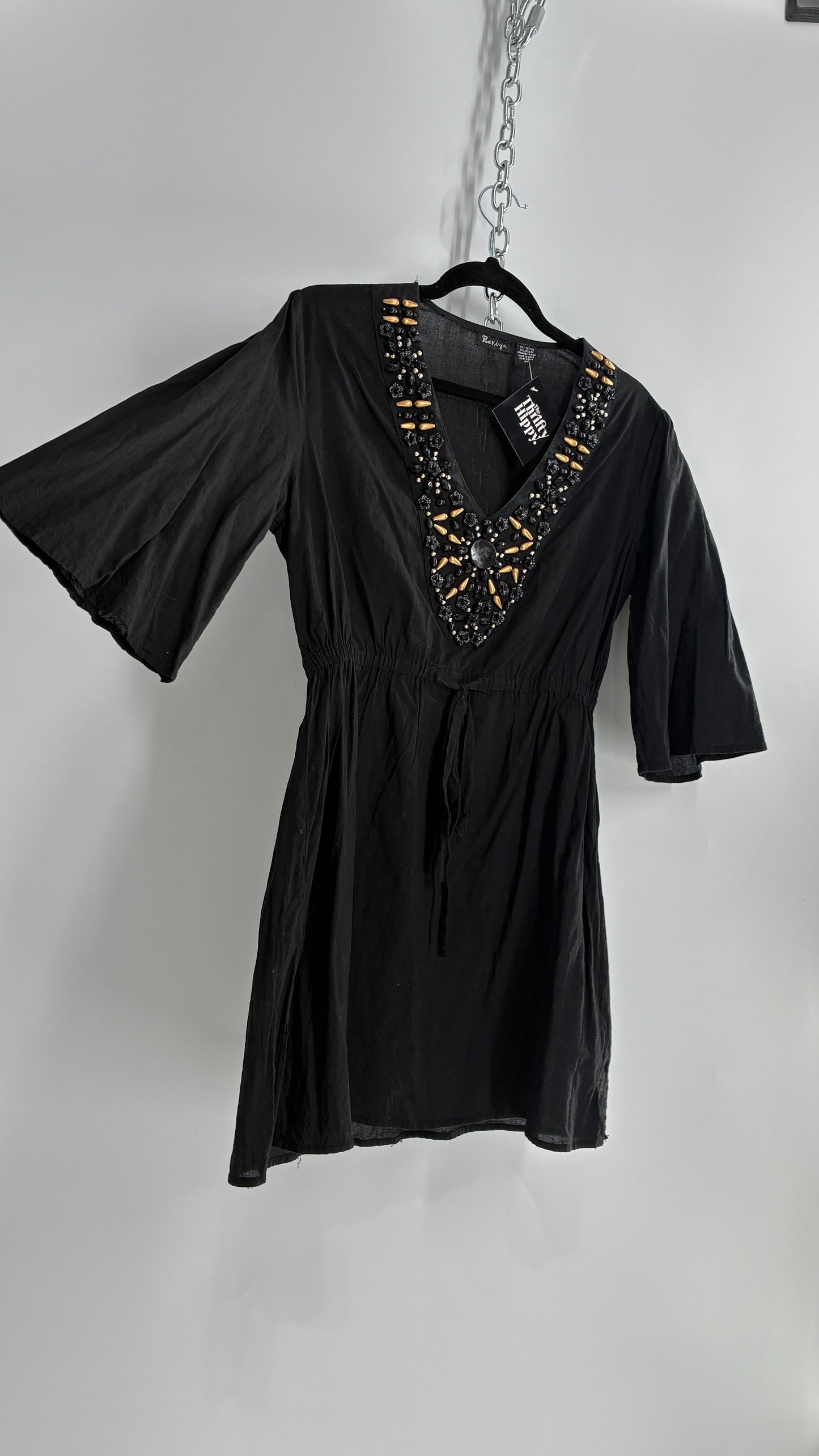 Vintage RAVIYA Black Mini Dress Blouse with Beaded Neckline (Medium)