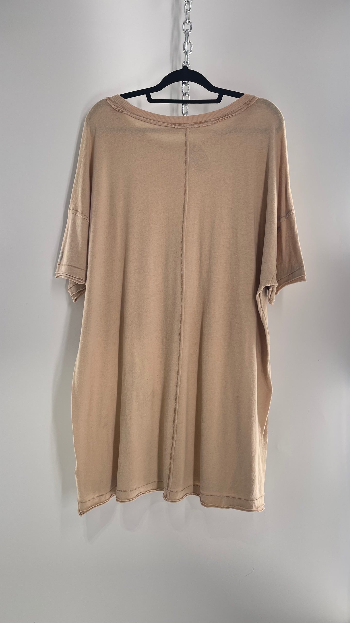Free People Movement Oversized Light Beige Short Sleeve T-Shirt with Slit Embroidered Detail (Size XS)