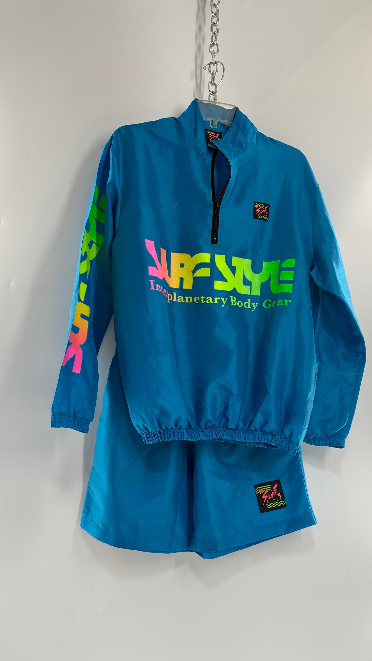 Vintage 1980s SURF STYLE Unisex Blue Track Workout Set with Windbreaker and Shorts, Neon Graphics (Small)