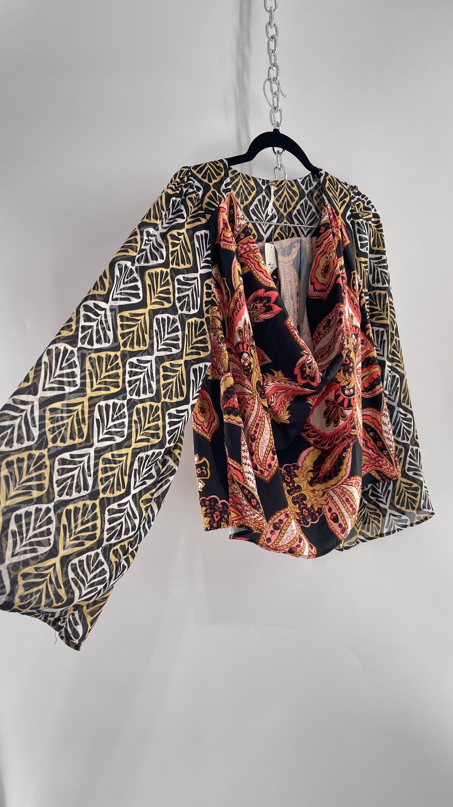 Free People Paisley Bodice Blouse with Sheer Contrast Sleeves, Draping Neckline and Tags Attached (Small)