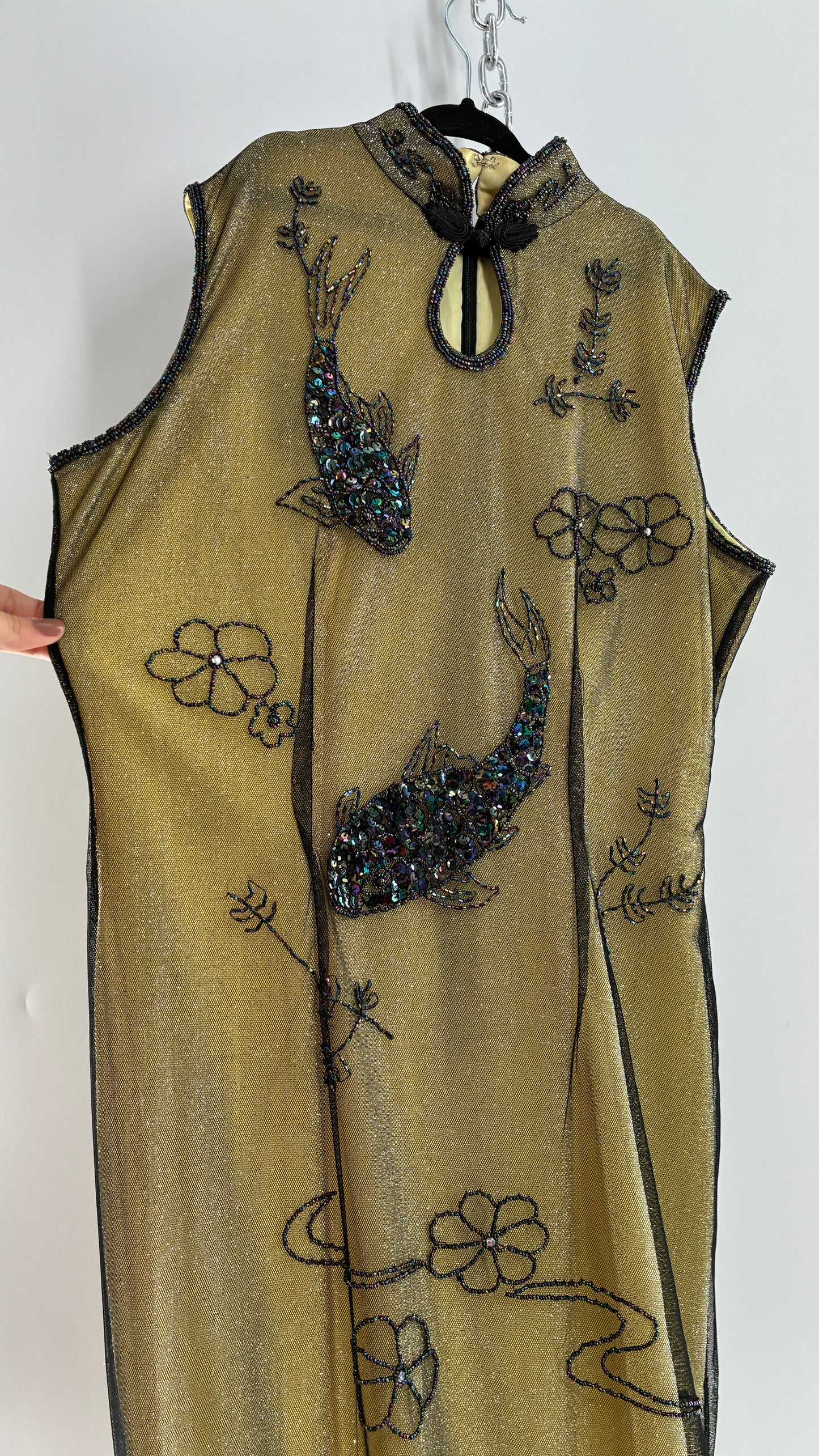 Vintage 1990s One of a Kind Handmade, Green Gown with Beaded Koi Fish, Metallic Tulle Overlay, and Symmetric Back (Medium)