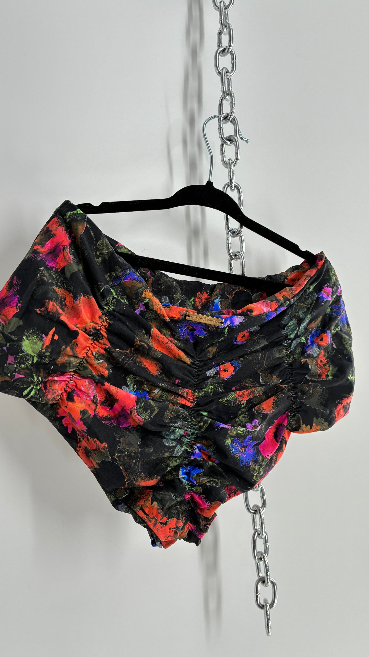 Boys + ARROWS High Contrast Floral High Waisted, Ruched Tanga Swim Bottoms (M)