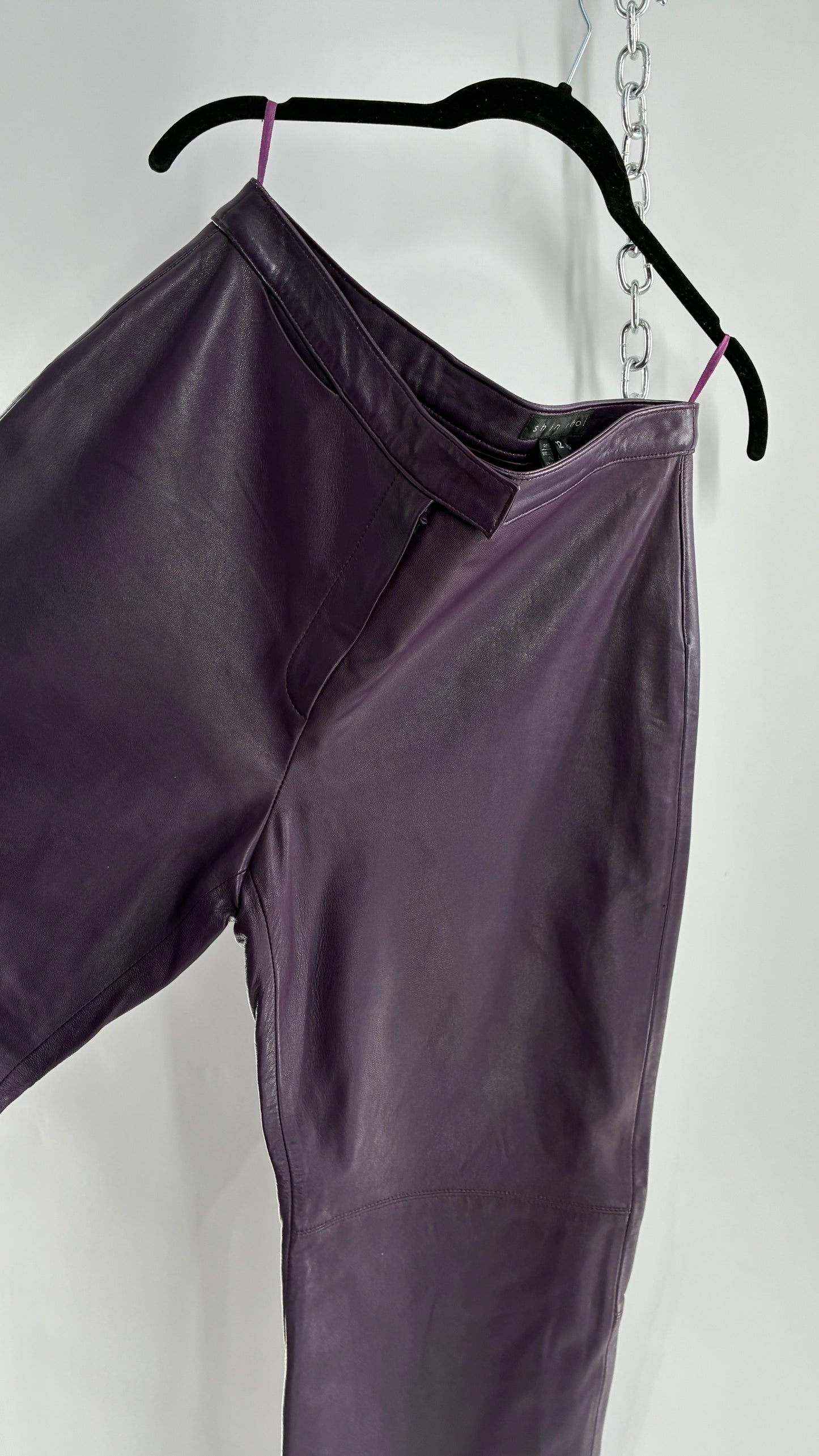 Vintage SHIN CHOI Genuine Italian Leather Purple Side Closure Low Rise Pants (12)