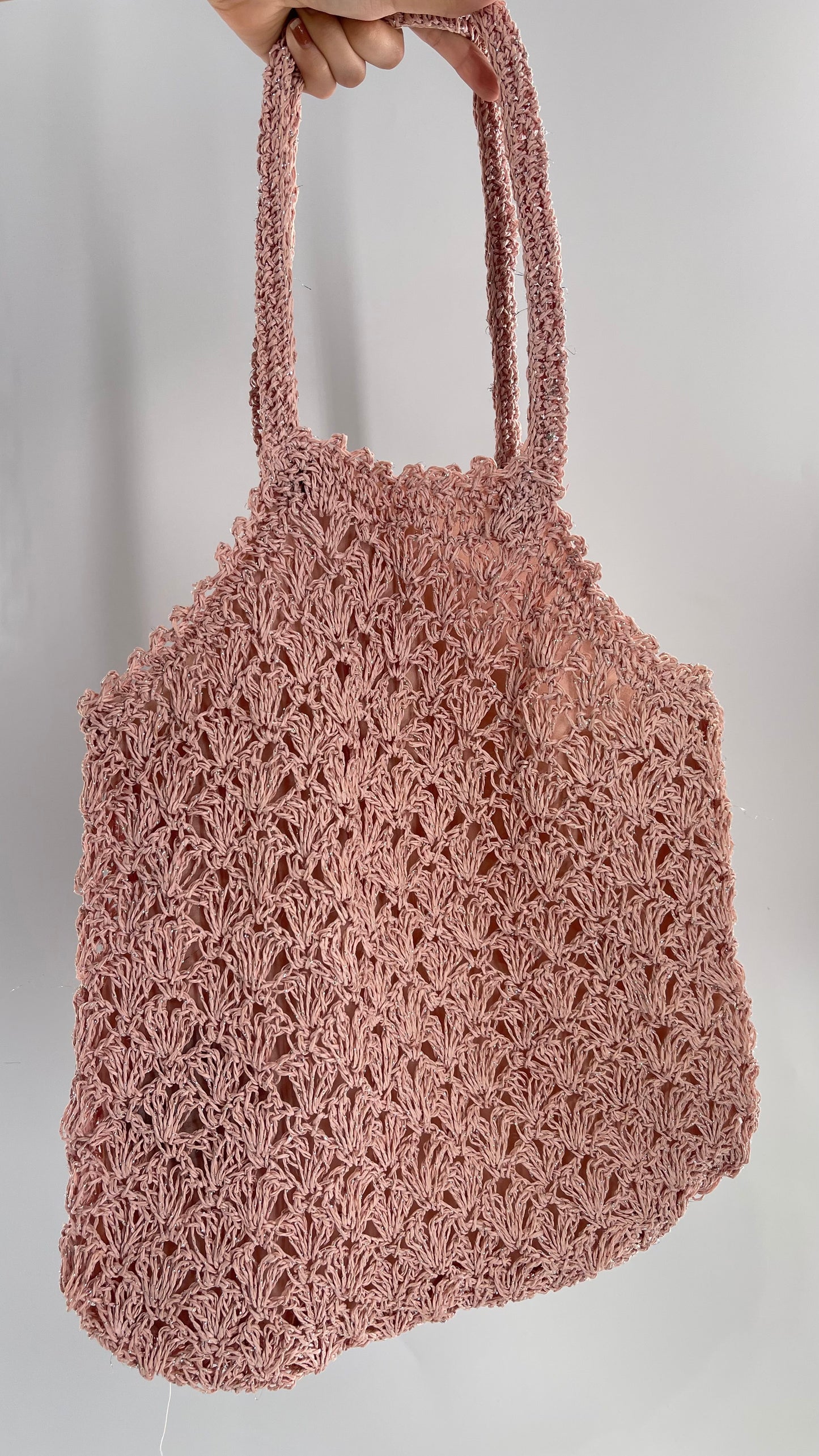 Urban Outfitters Baby Pink Straw Tote Bag with Silver Tinsel
