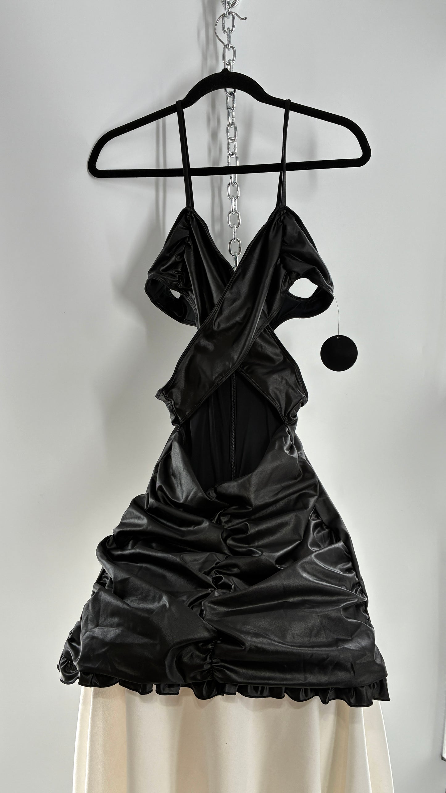 Deadstock Vintage HOT MIAMI STYLES Black Mini Dress with Ruffled Hem, Cut Out Design, and Ruched Body (Large)