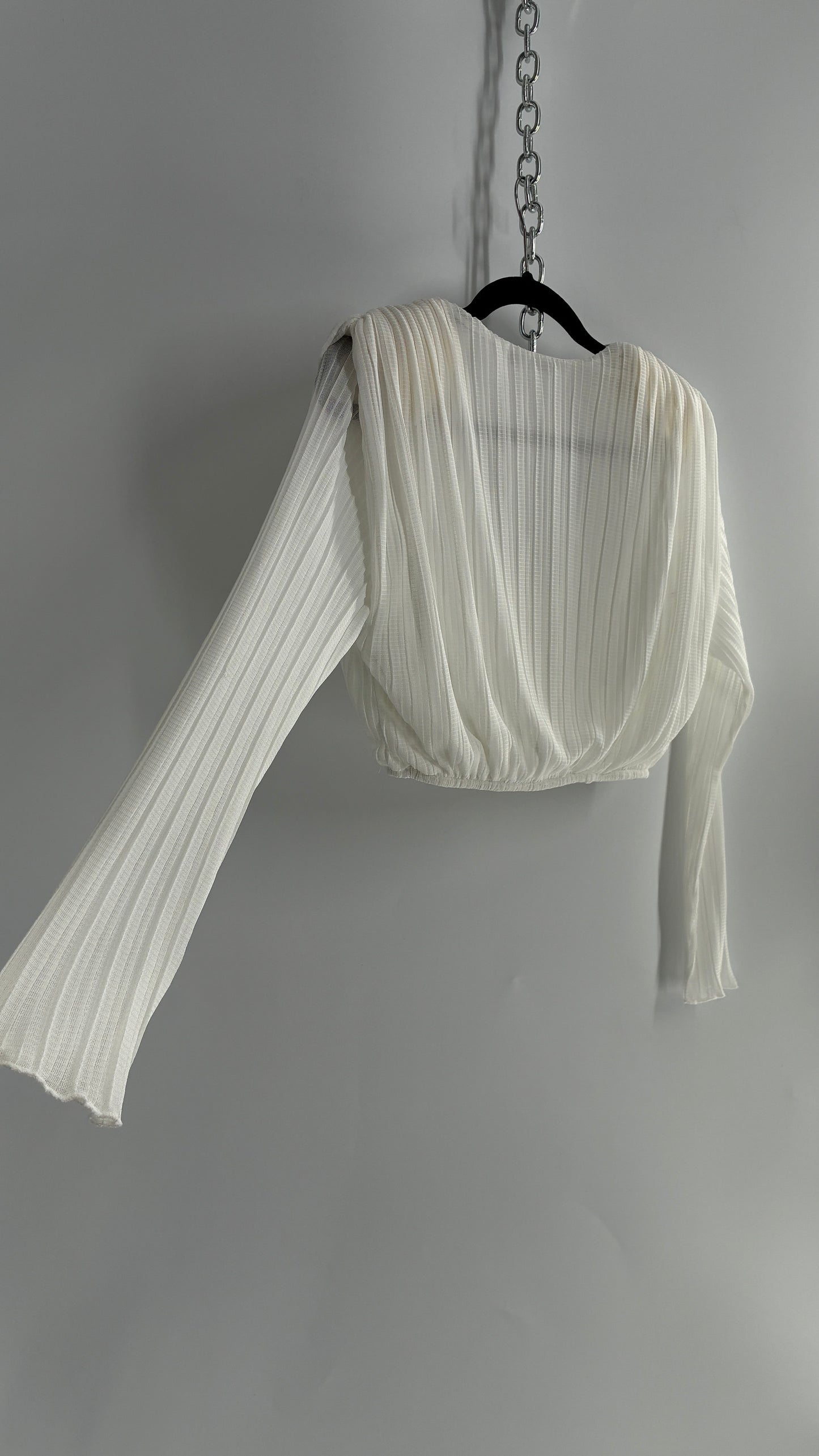 ZARA White Pleated and Draped Long Sleeve Blouse with Shoulder Pads (S)