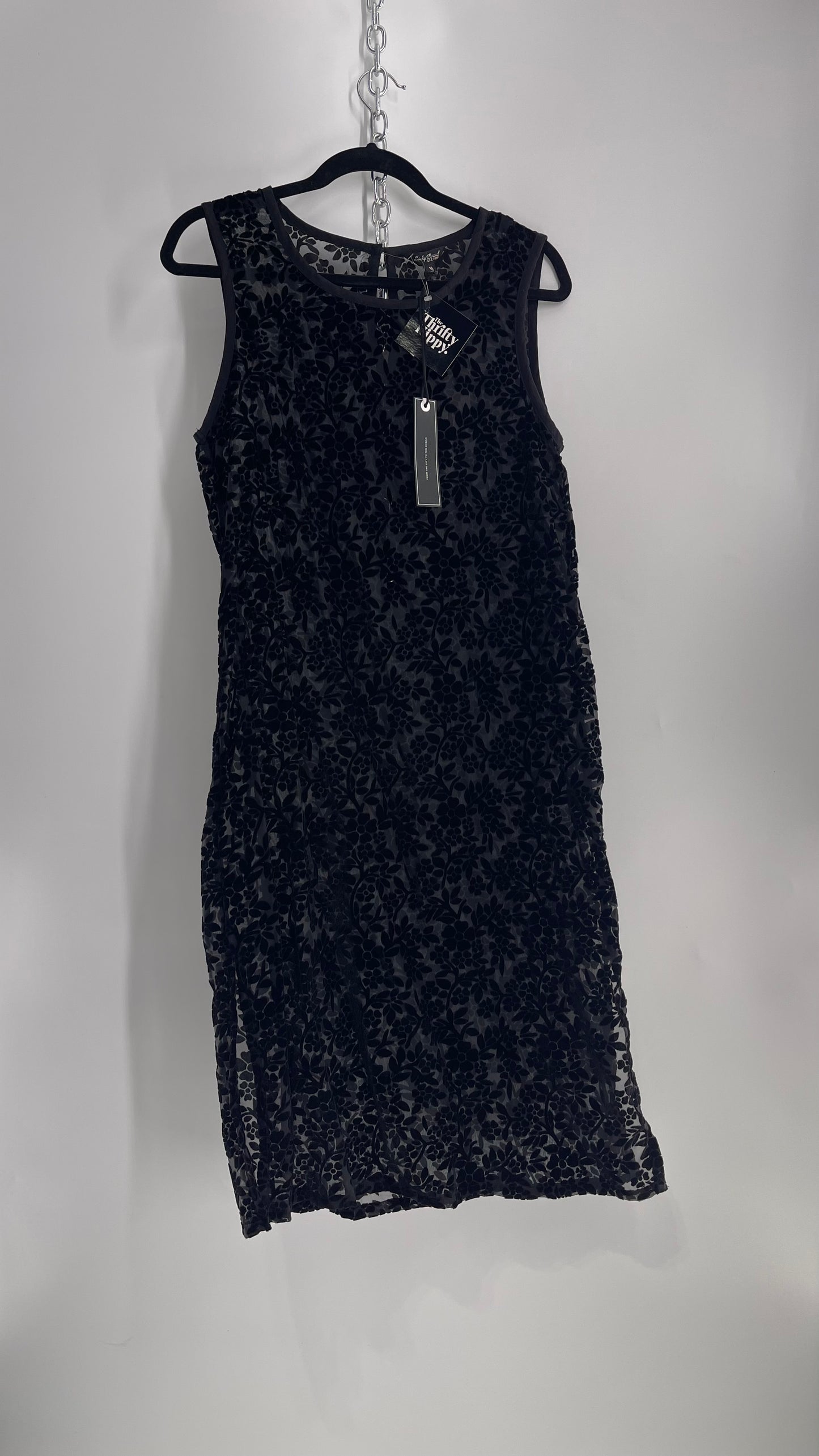 Lucky Brand Black Sheer Patterned Floral Velvet Midi Dress with Tags Attached (Medium)