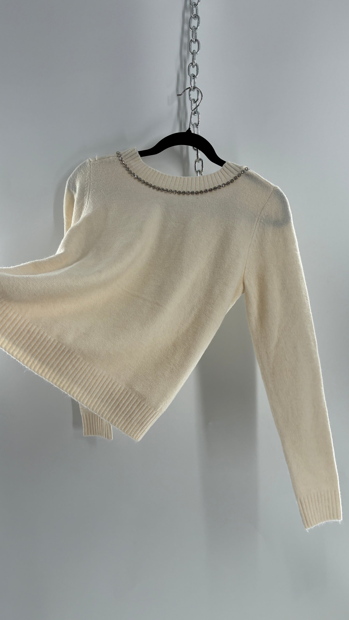 LOFT Cream Reversible Sweater with Rhinestone and Pearl Bow Detail + Tags Attached (XS)