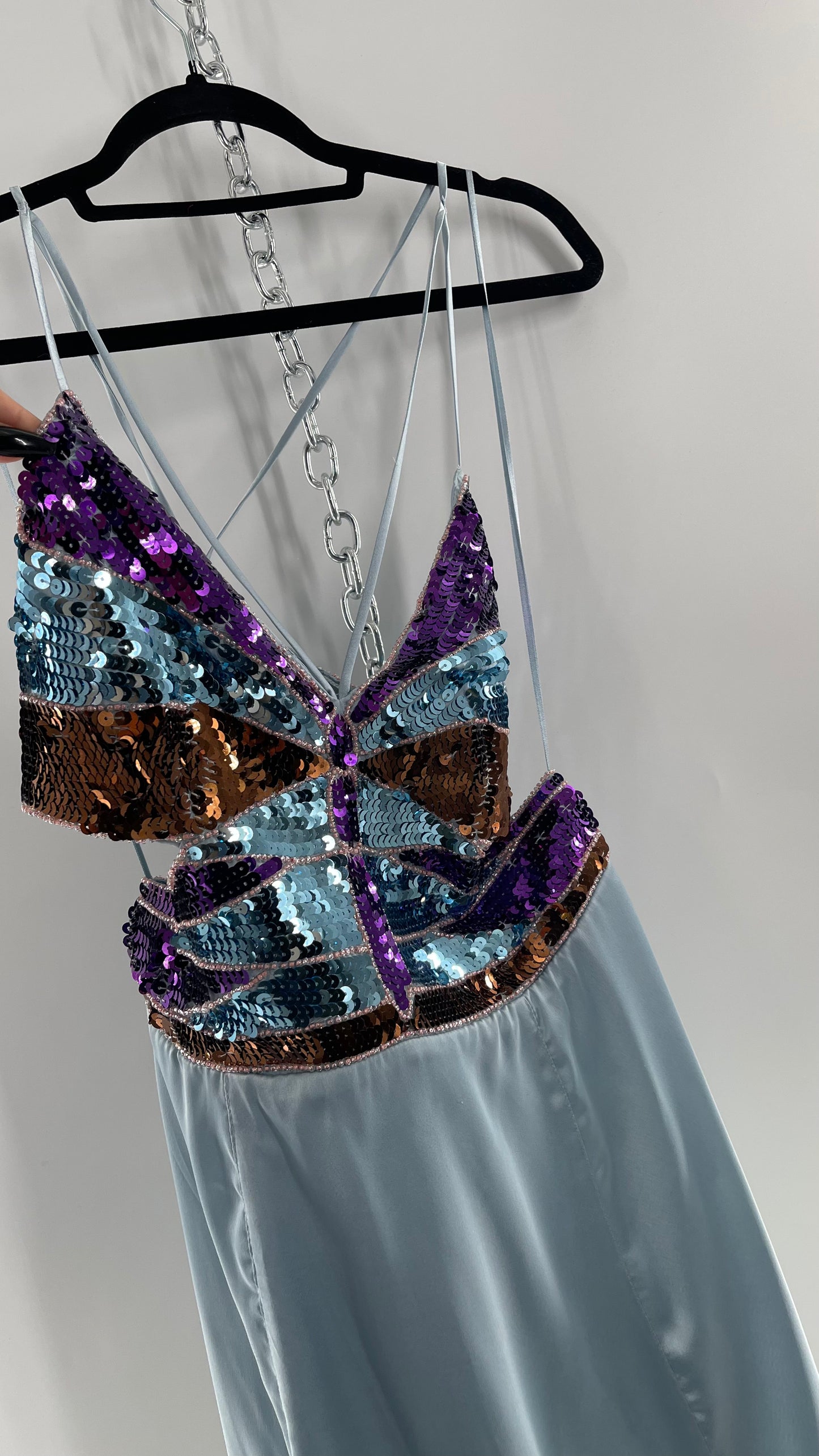Urban Outfitters Light Blue Satin Butterfly Sequin Size L