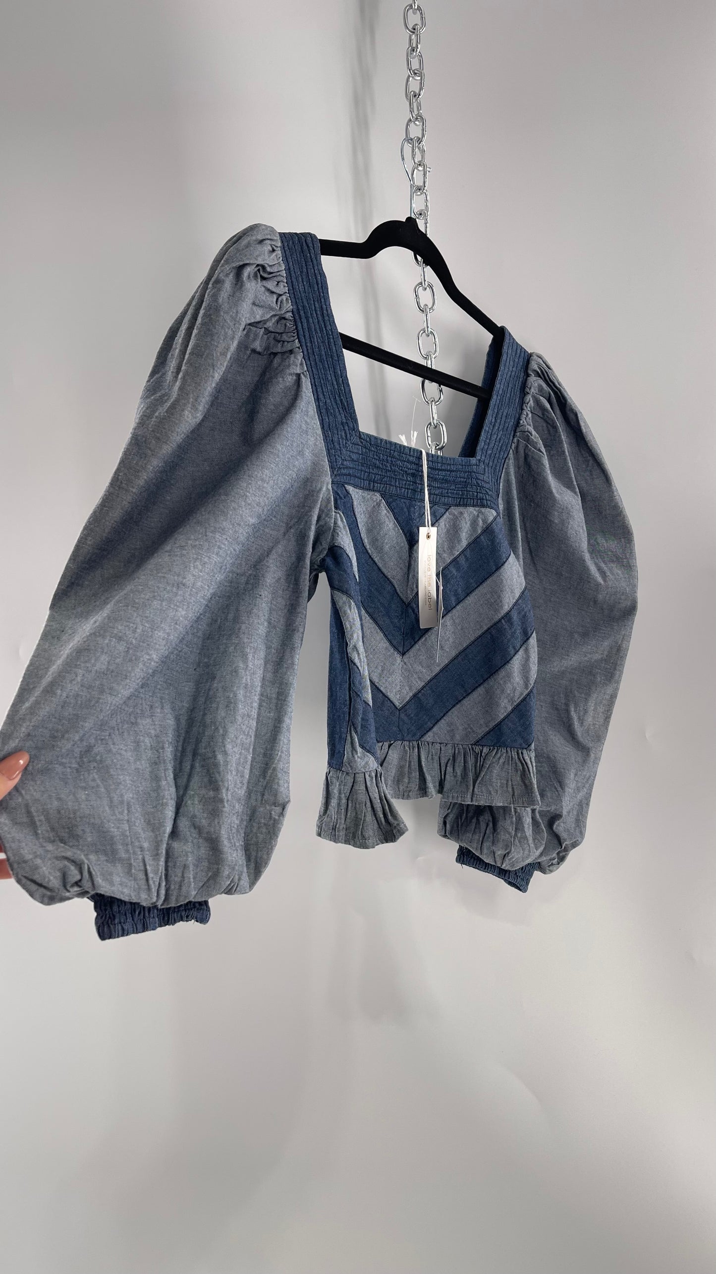 Love the Label ANTHROPOLOGIE Chambray, Chevron, Denim Smocked Blouse with Dramatic Sleeves and Tags Attached (Small)