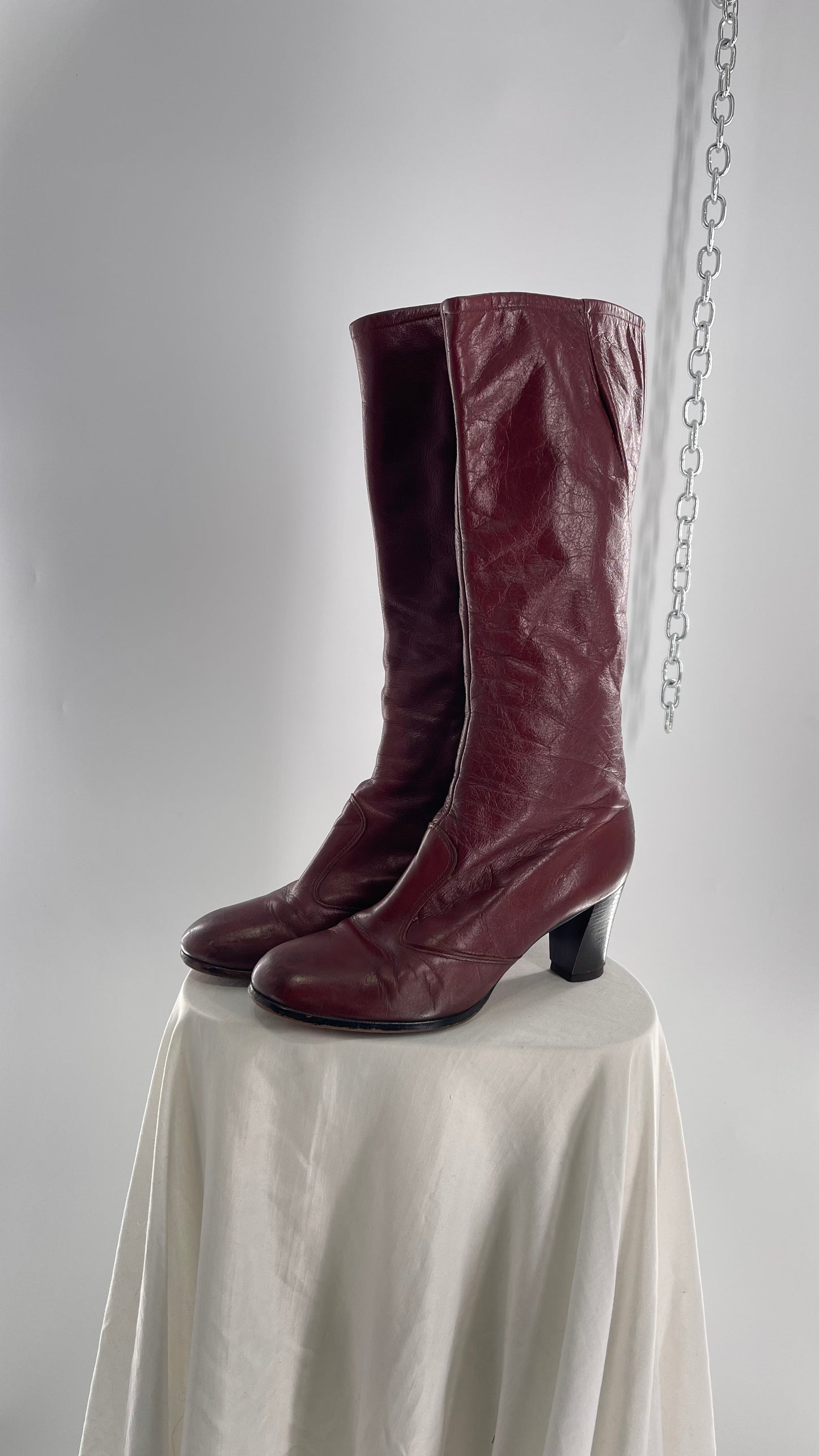 Vintage Cherry Cola Red Knee High Leather Boot with Heel (8.5)