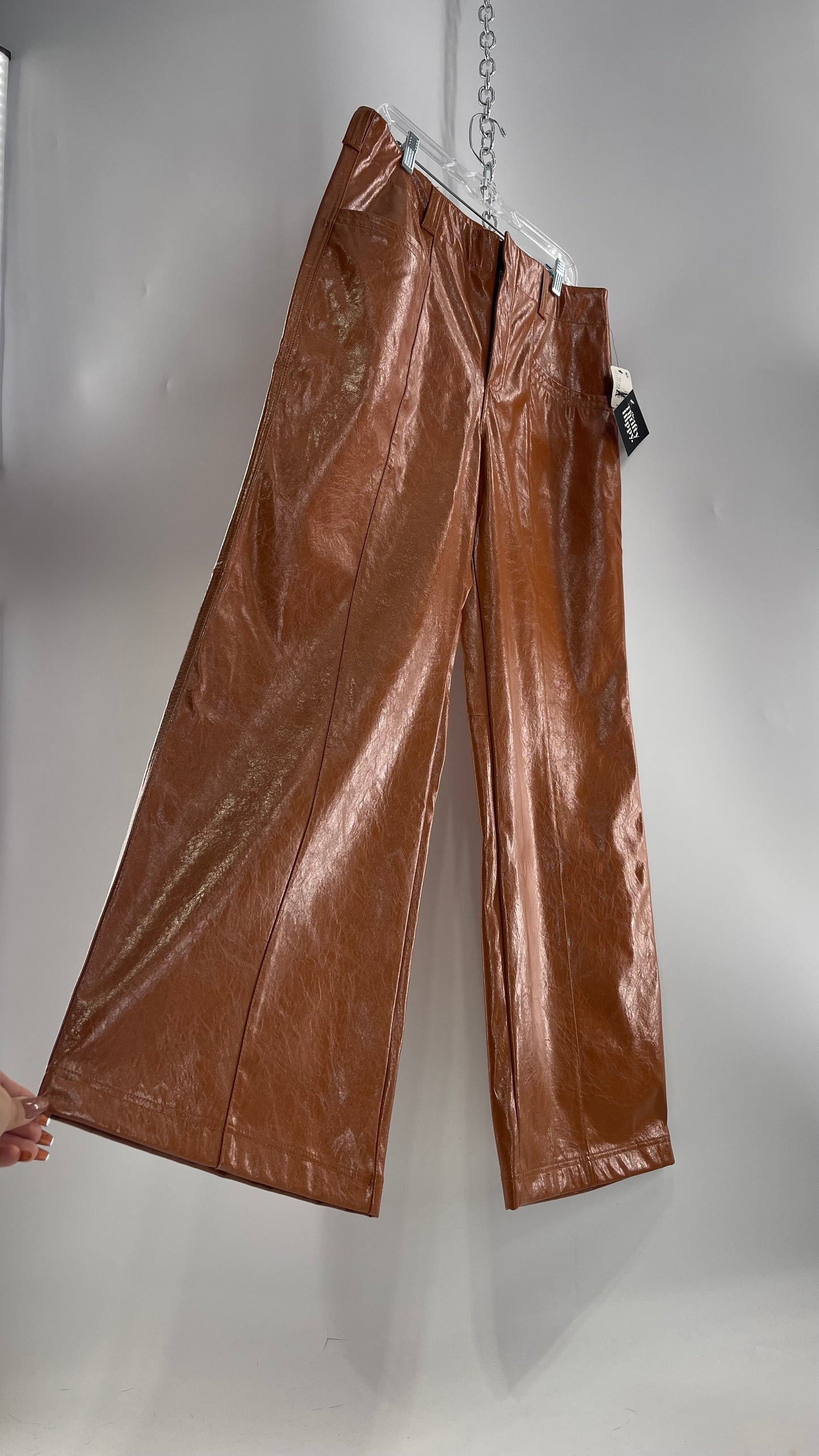 Free People Star Cross Lovers Cognac Brown Vegan Faux Leather Wide Leg Baggy Trouser(12)