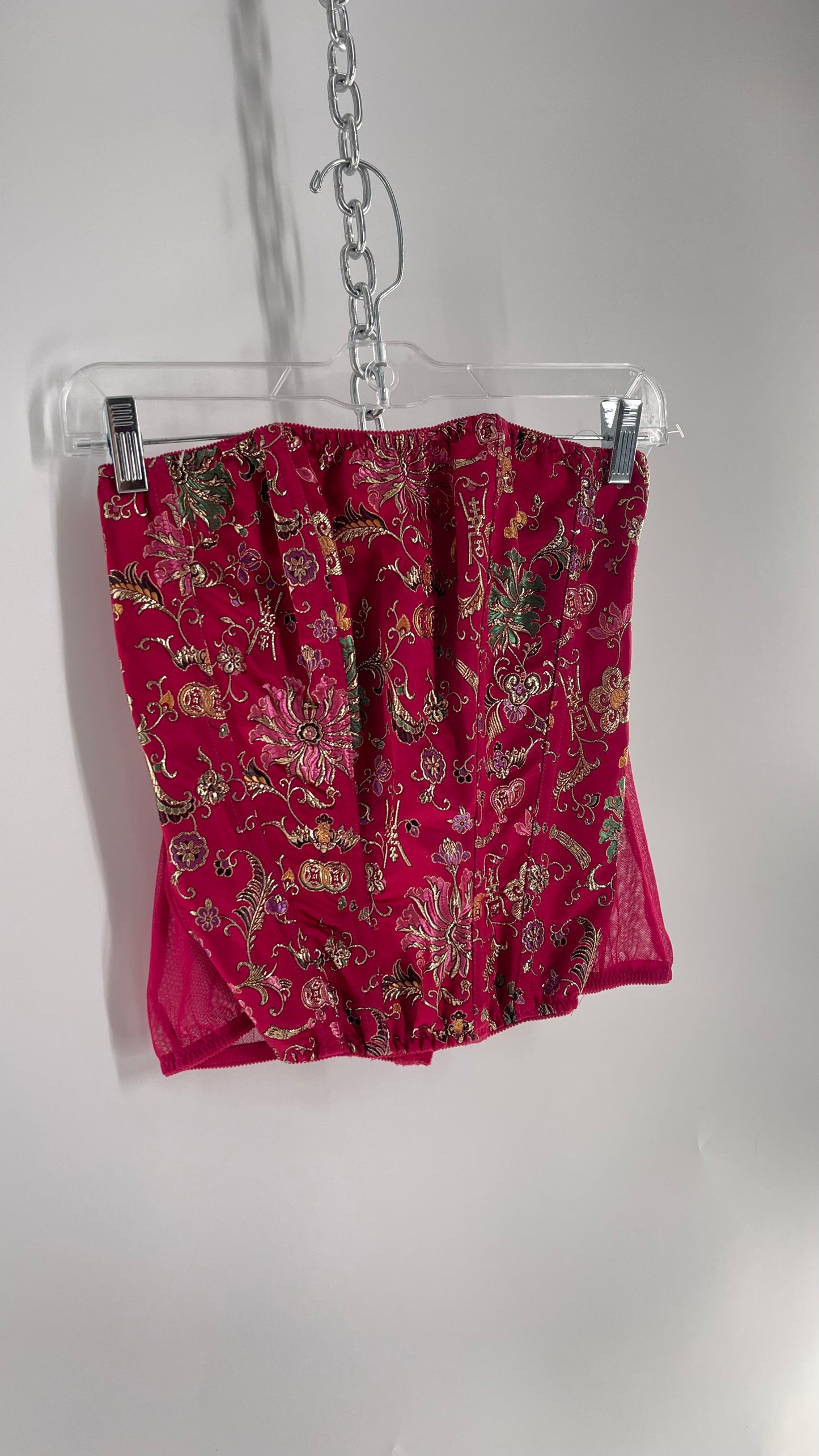 Vintage 1990s HOT Hot Pink Jacquard Metallic Boned Corset with Mesh Back and Hips (Small)
