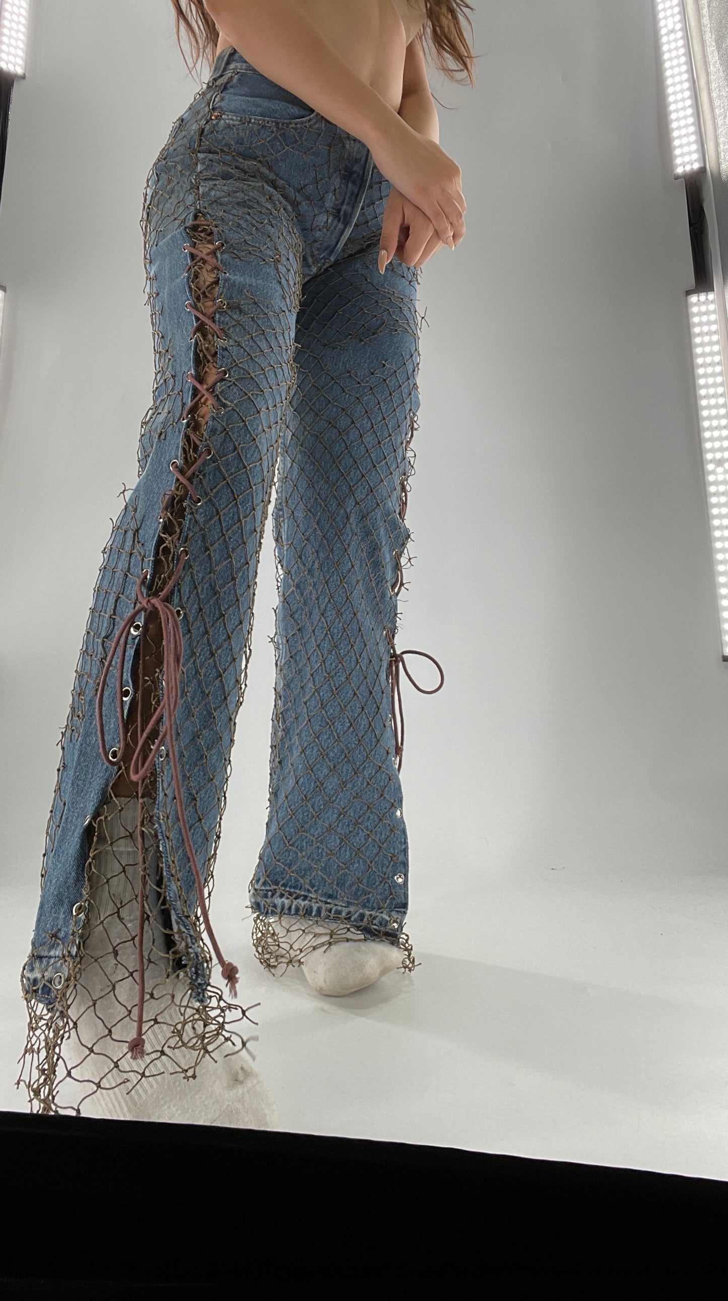 Custom - Fishnet Levi’s with Grommets and Lace Up Sides (Waist 29 Length 30) Fits Like a 26*