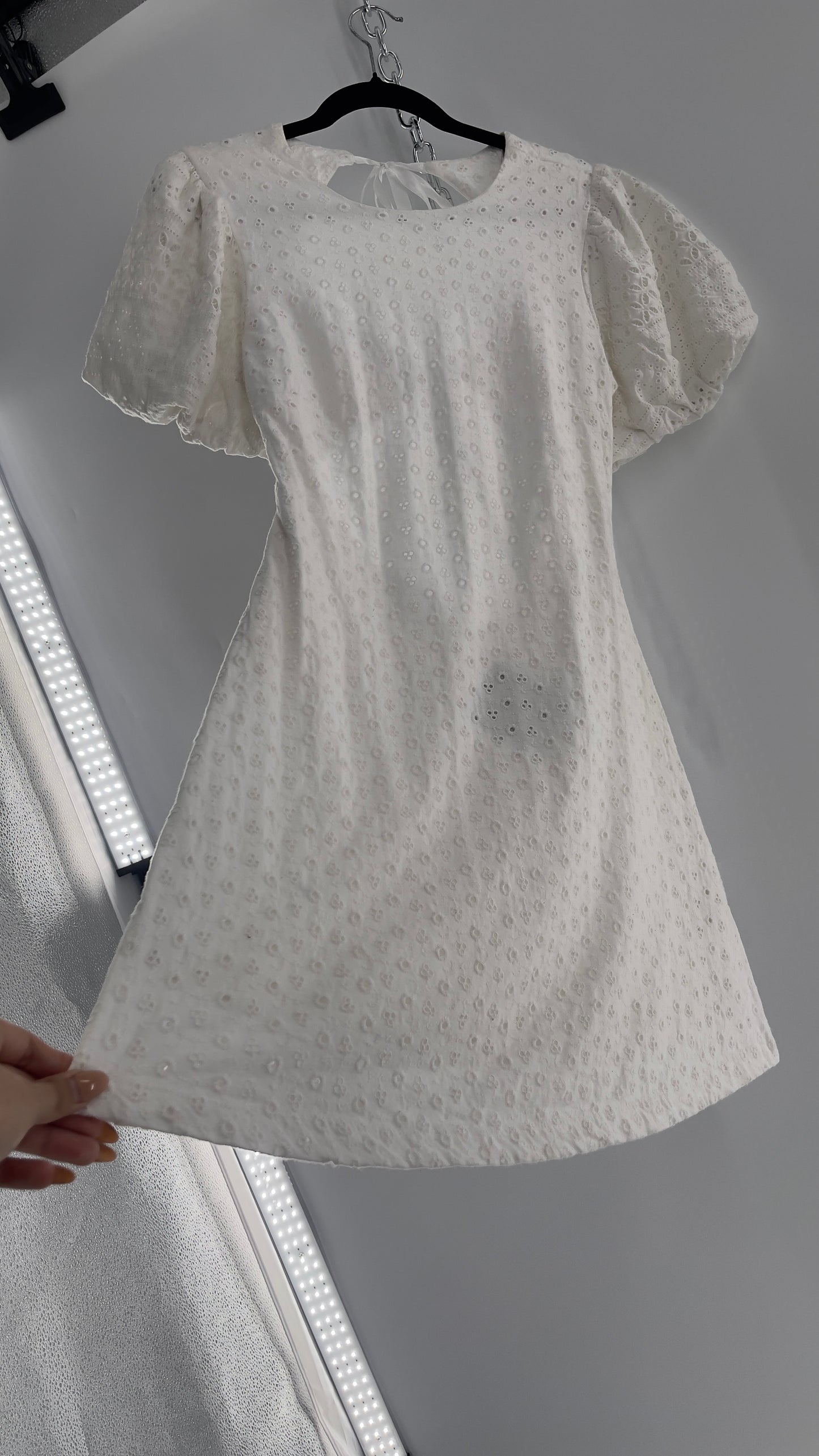 Free People White Eyelet Mini Dress with Puff Sleeve and Open Back (XS)
