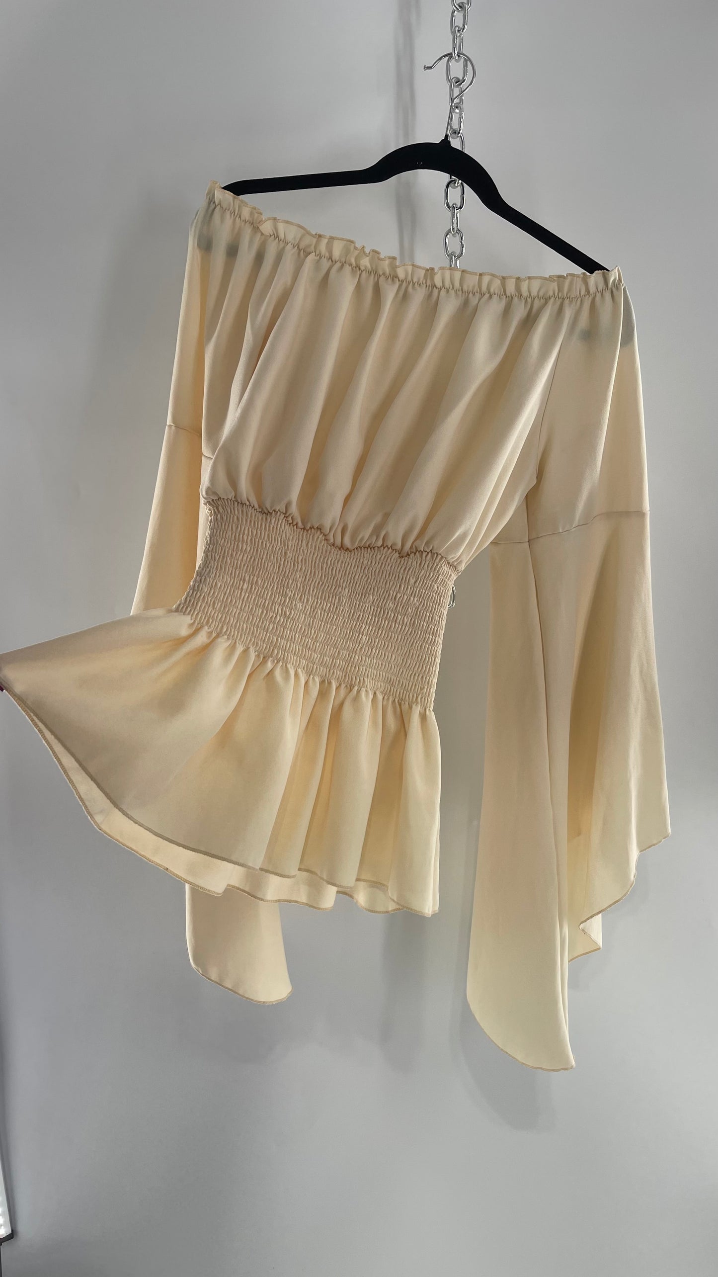 Vintage Off White Smocked Waist Bell Sleeve Wanderlust Blouse(S/M)