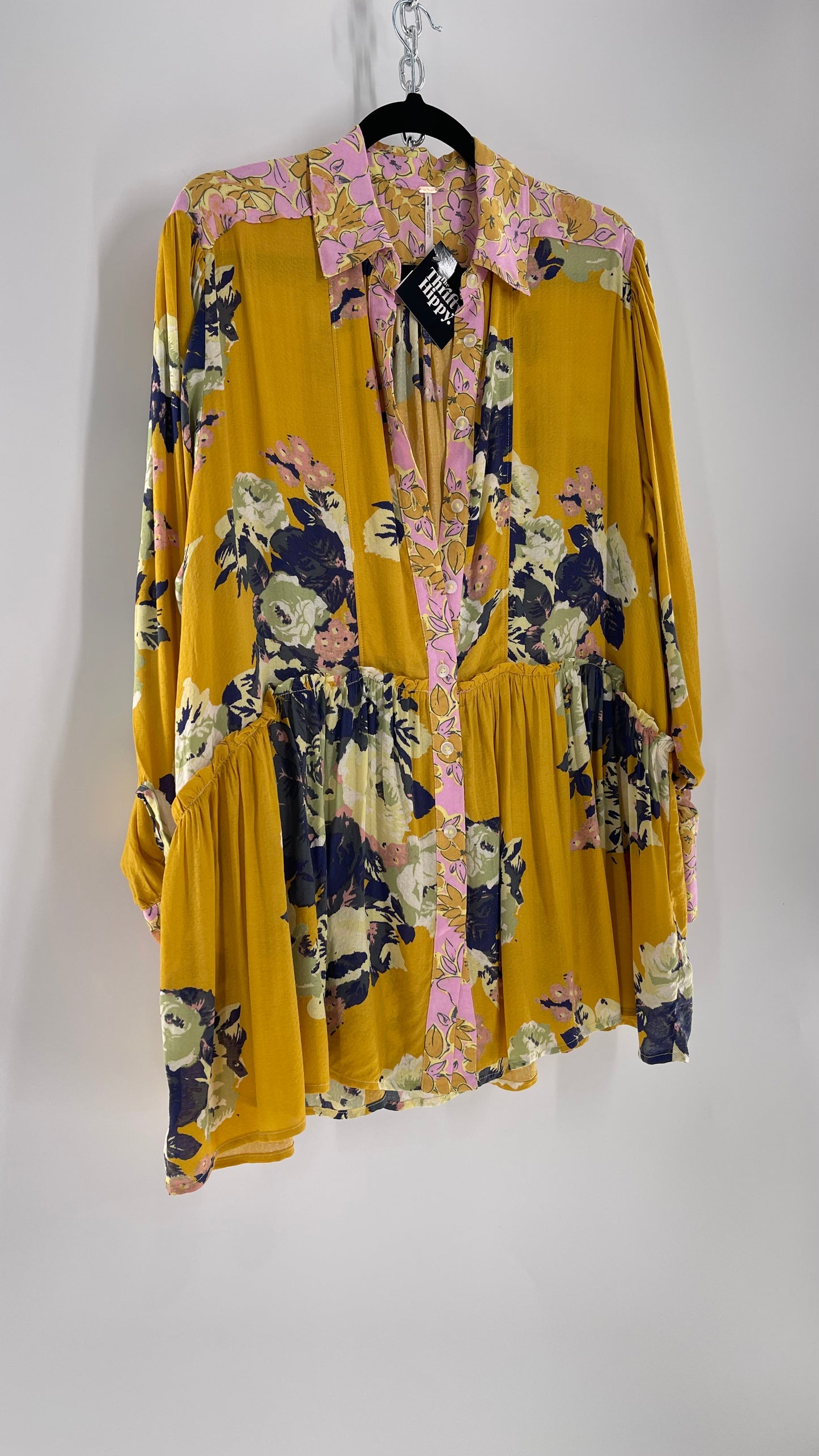 Free People Oversized Button Up Contrast Pattern Yellow Floral Blouse (XS)