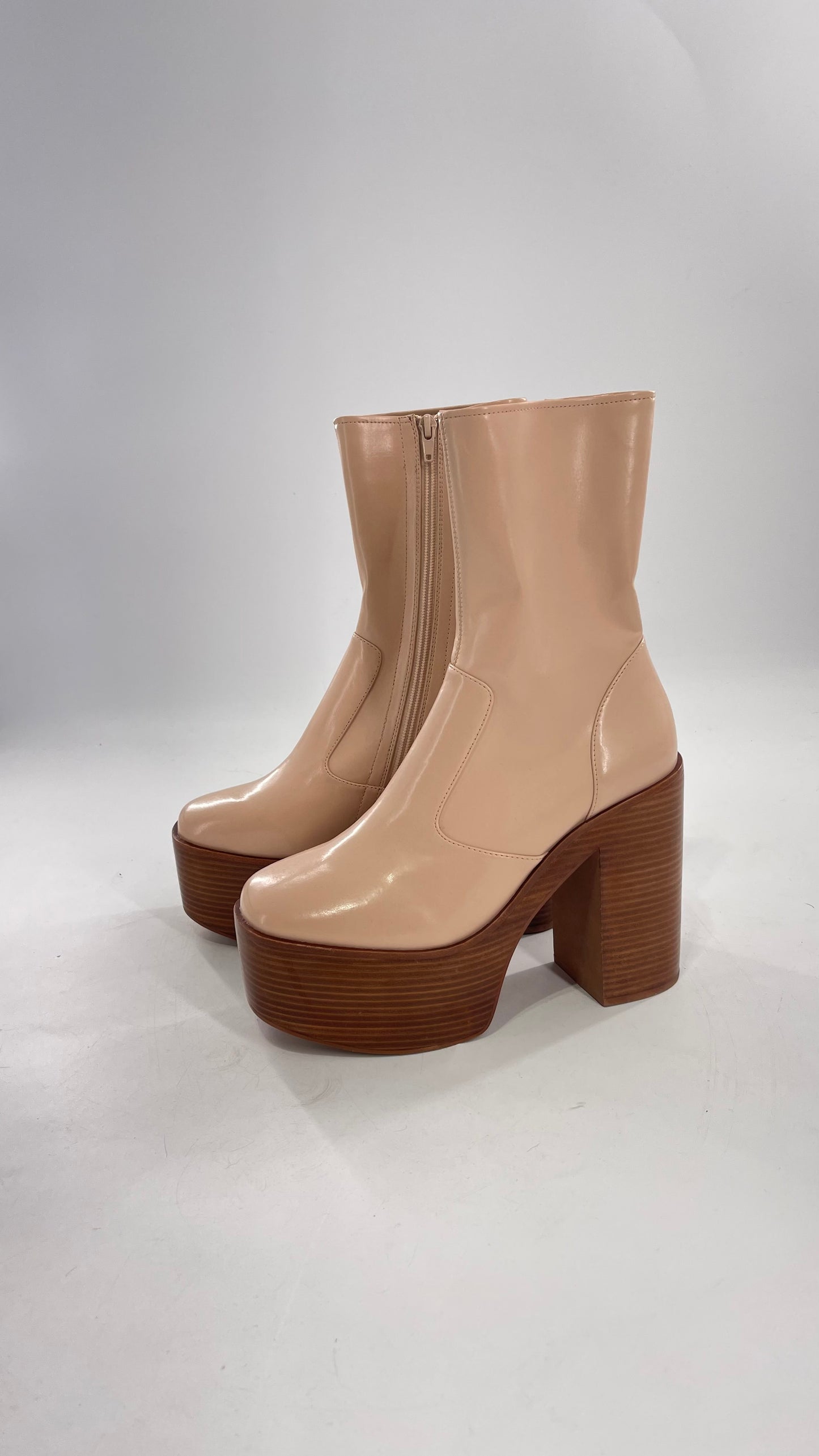 Free People X Jeffrey Campbell Mexique GoGo Boots • Beige Patent Boot with Wood Grain Chunky Block Heel and Platform (9)