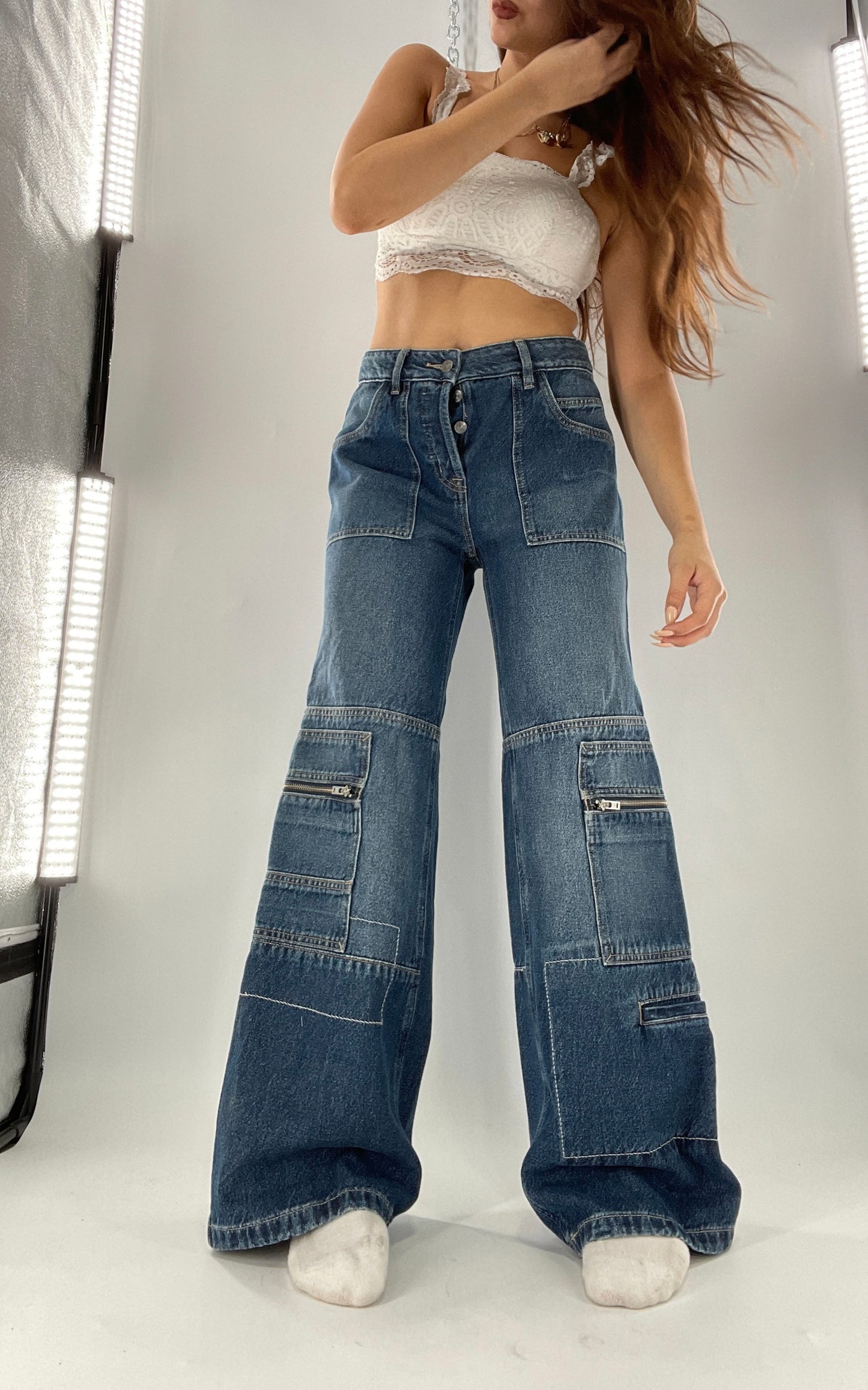 Free People Medium Wash Baggy Straight Legs Jeans Covered in Zippers, Pockets, Stitching (28)
