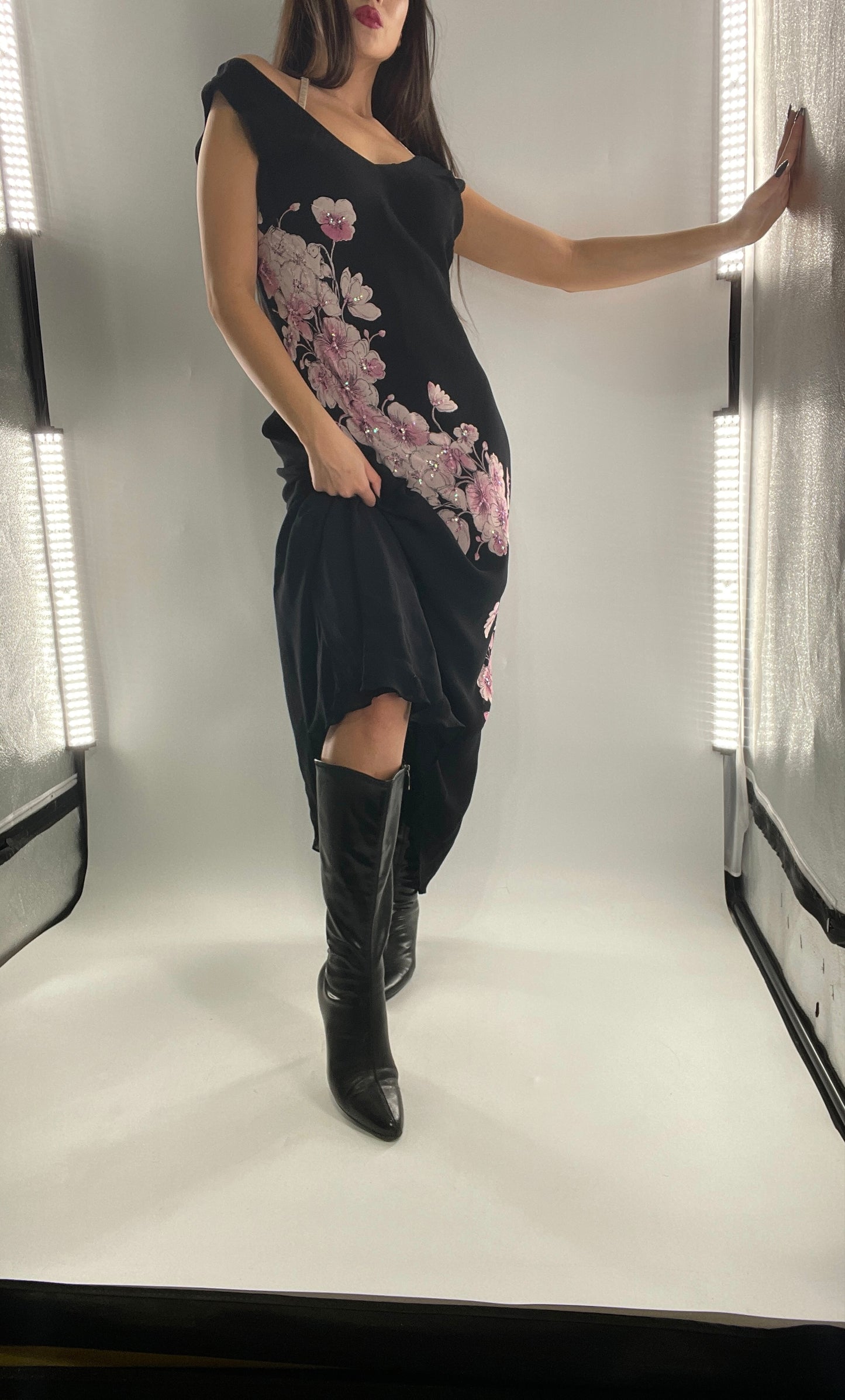 Vintage Dress Barn Black Slinky Maxi Dress with Pink Floral Graphic and Sequins (L)