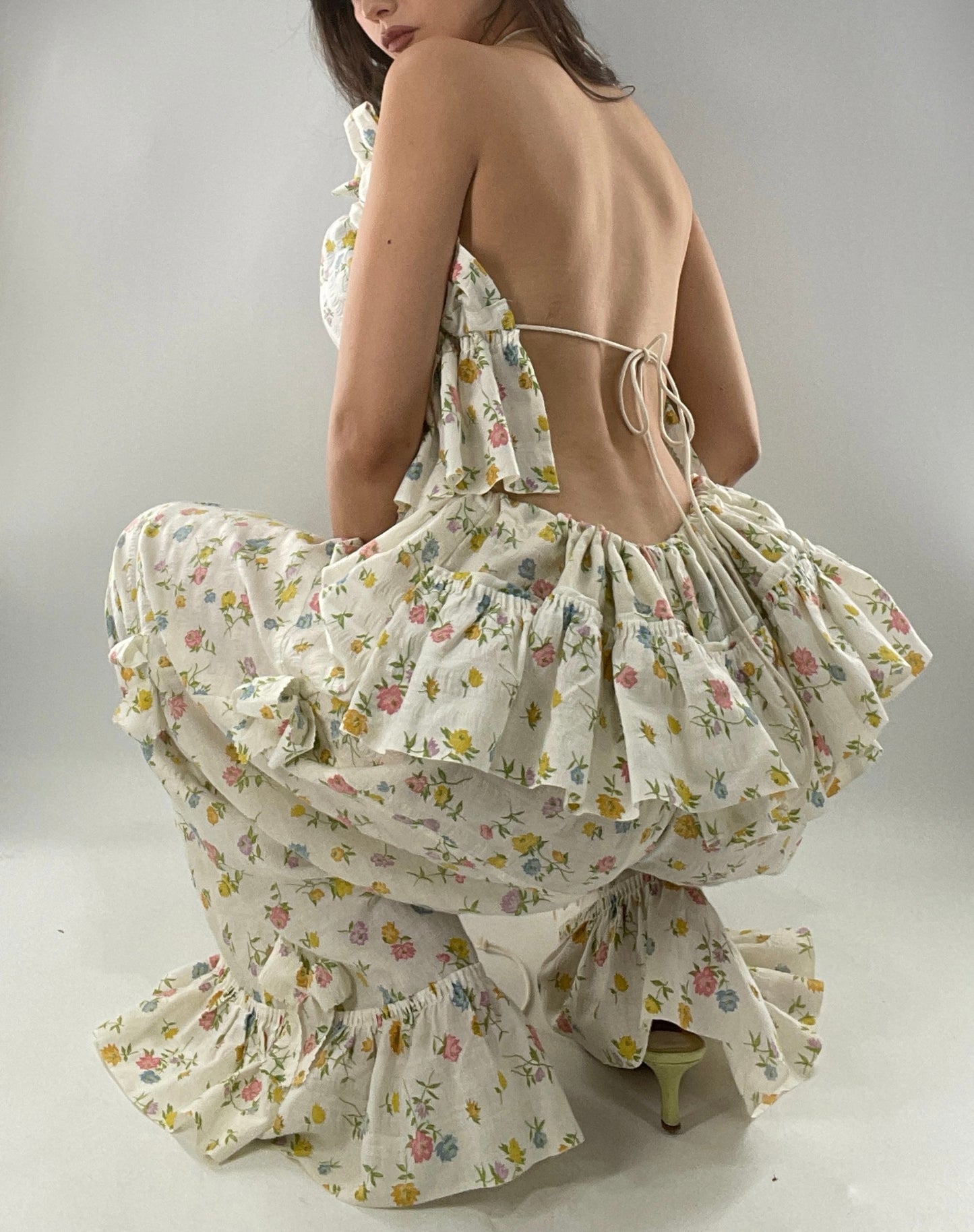 Vintage 2 Piece Floral Babydoll Set with Adjustable Top and Adjustable Pants Featuring Bow Sides and Ruffles Bum (One Size)