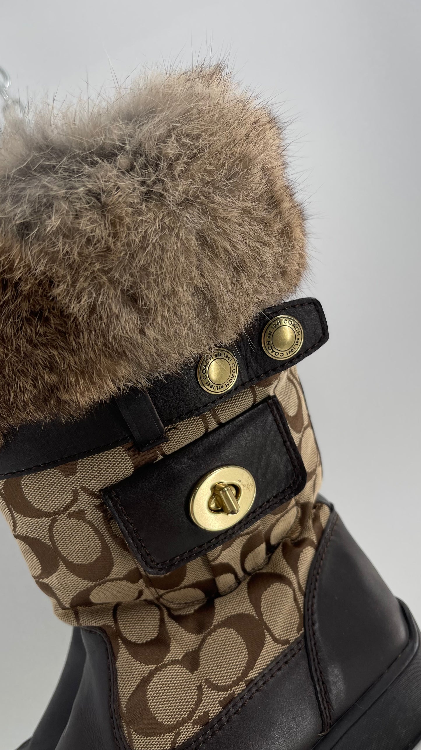 Coach Vintage Kimberly Brown Leather Quilted Monogram Rabbit Fur Trim Boot with Ankle Pouches (8.5)