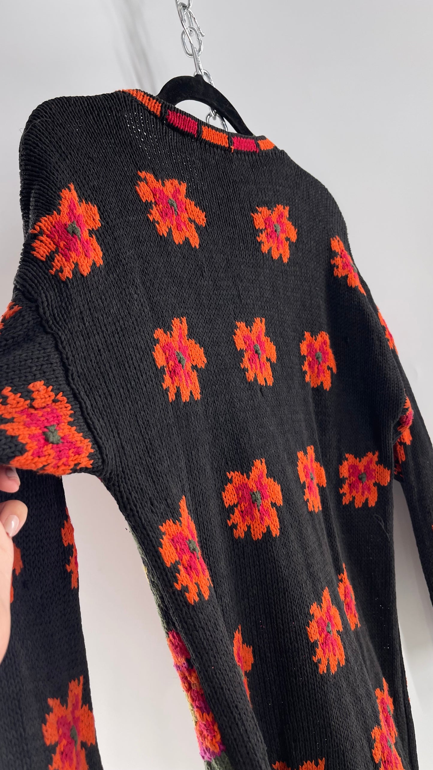 Vintage EXPRESS Black Hand Knit Sweater with Orange and Fuchsia Contrasting Florals (One Size)
