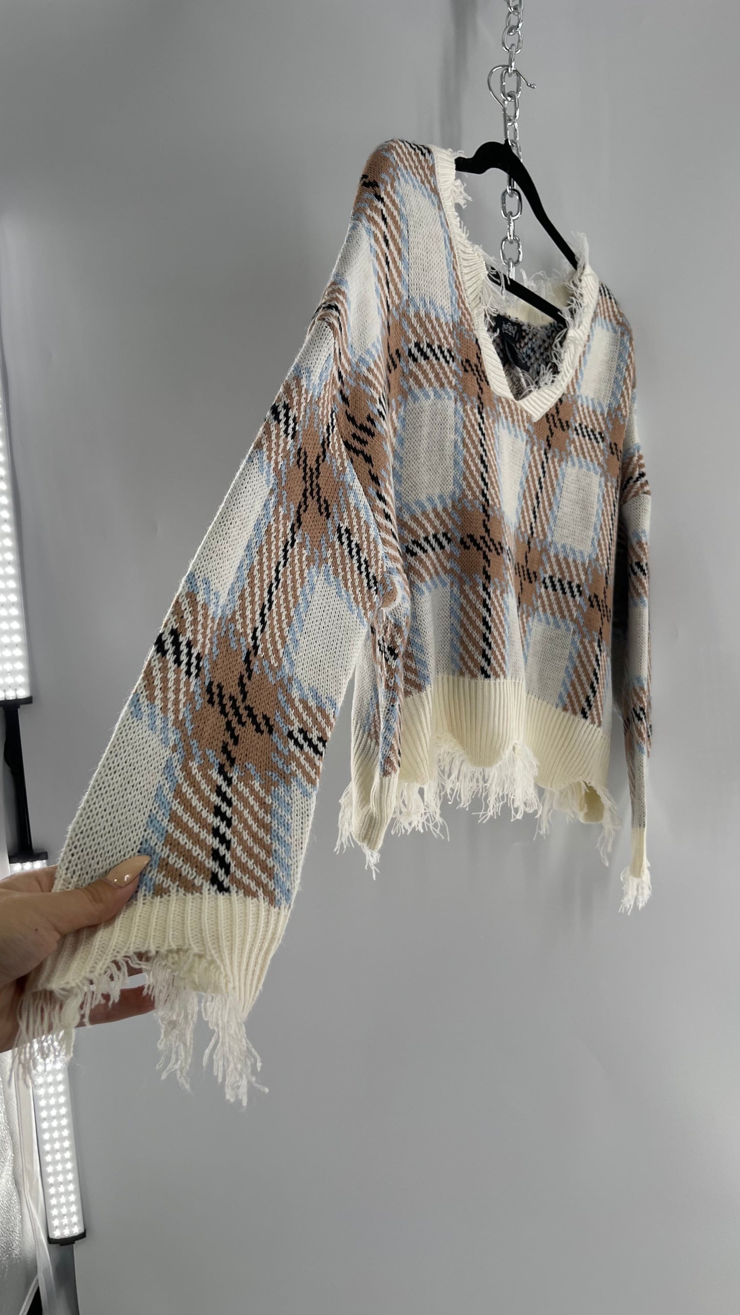 Fashion Nova Plaid Powder Blue/Tan Distressed Sweater