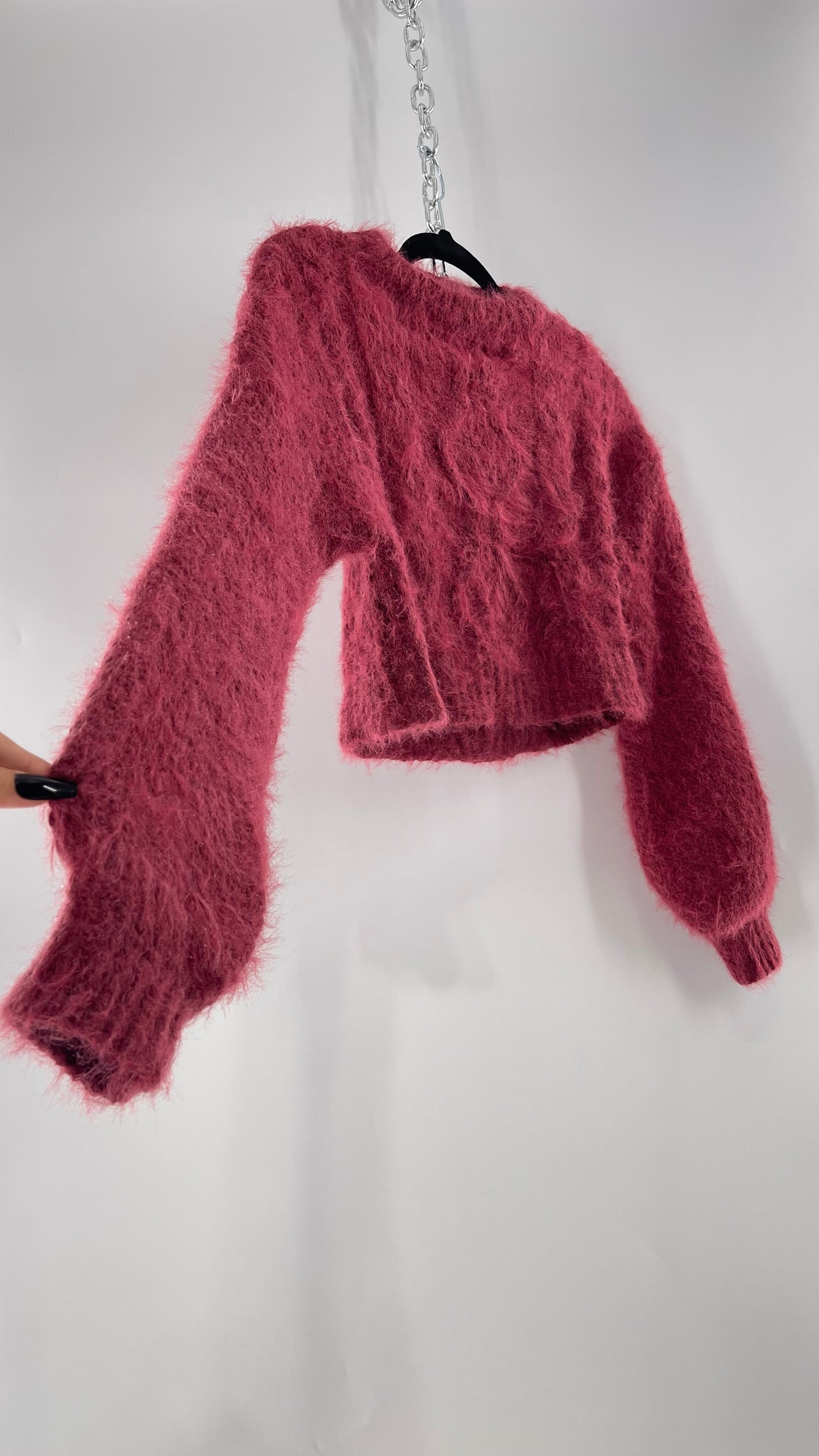 Urban Outfitters Mauve Pink Fuzzy Cropped Sweater with Bubble Sleeves (XS)