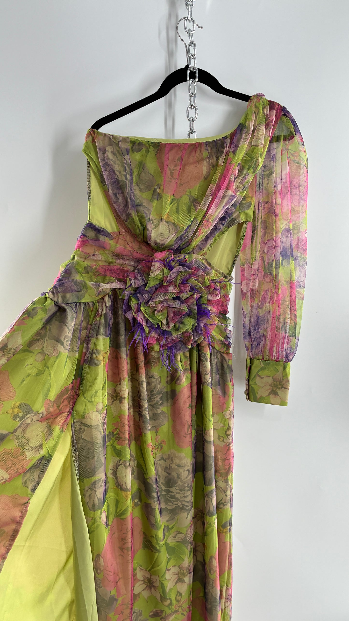 Vintage Open Waist Gown with Oversized Feathered Appliqué Rosette (Large)