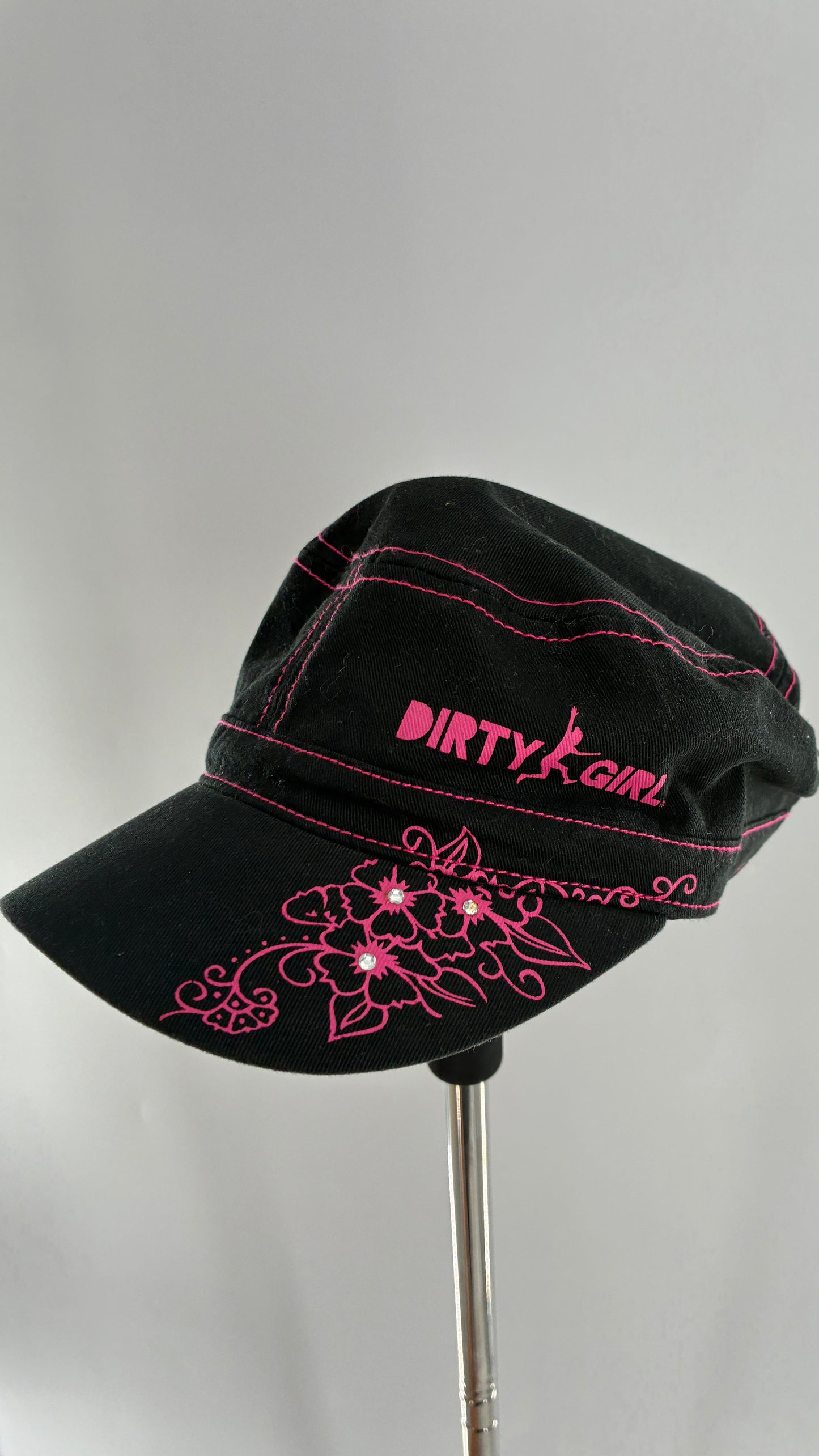 Vintage DIRTY GIRL Black Band Hat with Hot Pink Florals and Contrast Stitching