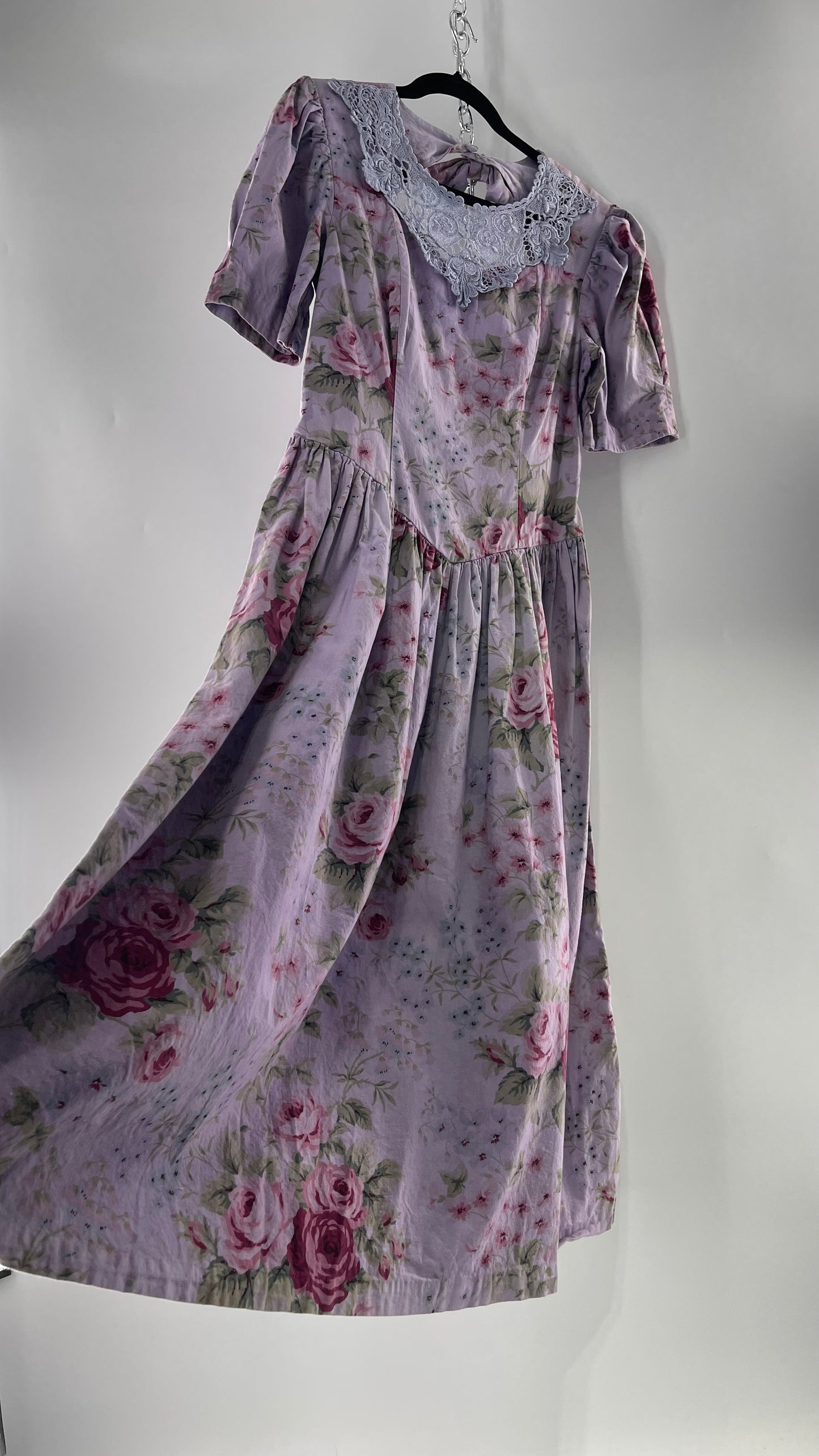 Vintage Urban Renewal Reworked and Upcycled Misty Lane Lilac/Lavender Floral Fit/Flare Dress with Sweetheart Neckline, Lace Detail and Bow Adorned Open Back (11/12)
