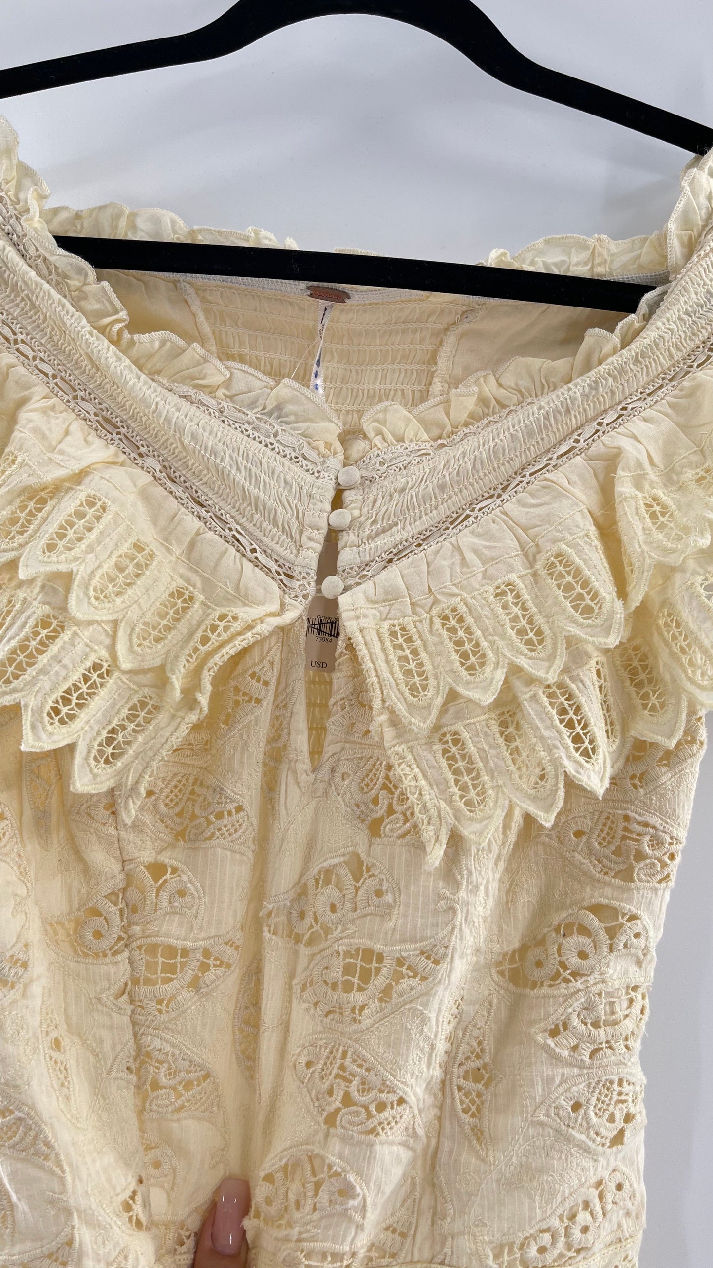 Intimately Free People Light Yellow Lace Bodysuit with Ruffled Off the Shoulder Neckline
(XS)