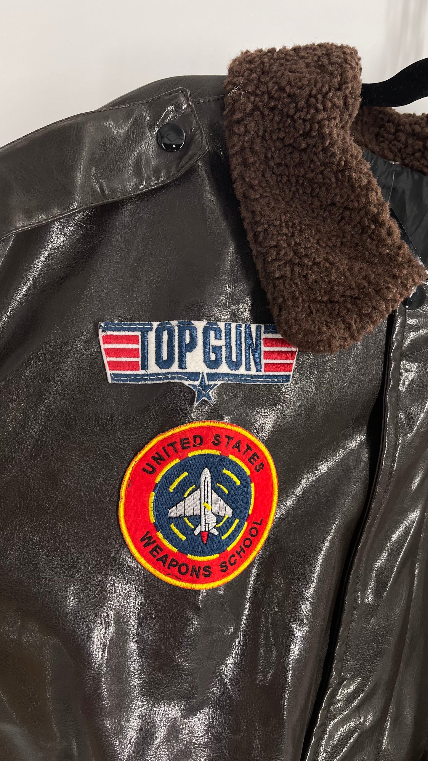 Vintage Dark Brown Top Gun Bomber Jacket with Patches and Teddy Sherpa Collar (Large)