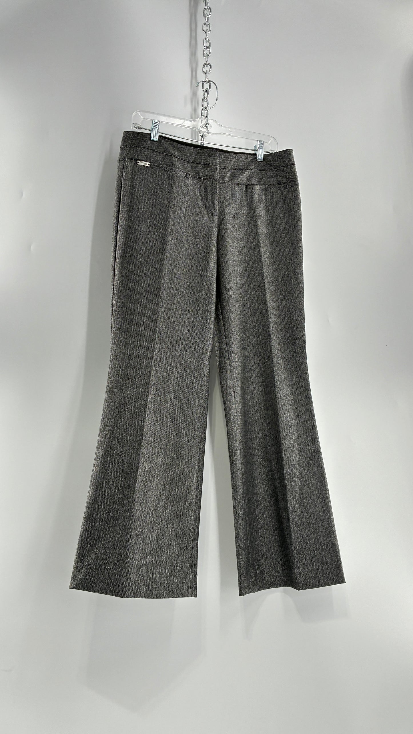 Vintage 1990s EXPRESS Editor Dark Grey Pinstripe Ultra Low Rise Thick Hip Band Kick Flares (6R)