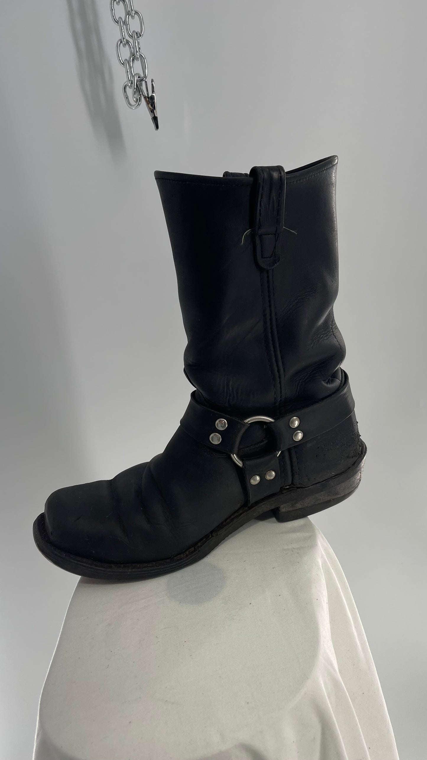 Vintage SIERRA Black Heavy Duty Sloppy Scuffed Distressed Leather Motorcycle Boots (10.5)