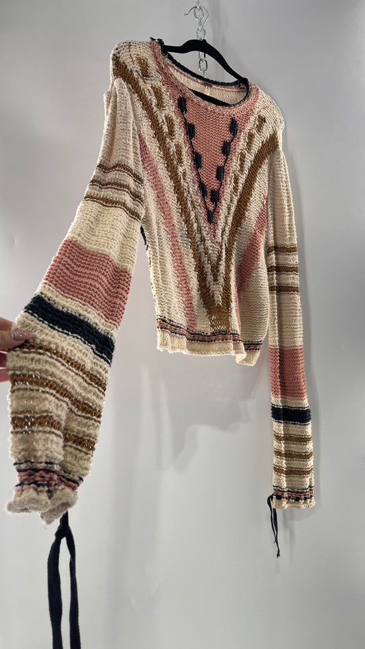 Free People Beige Slouchy Sweater with Dusty Pink, Tan and Black Striping Detail (Medium)