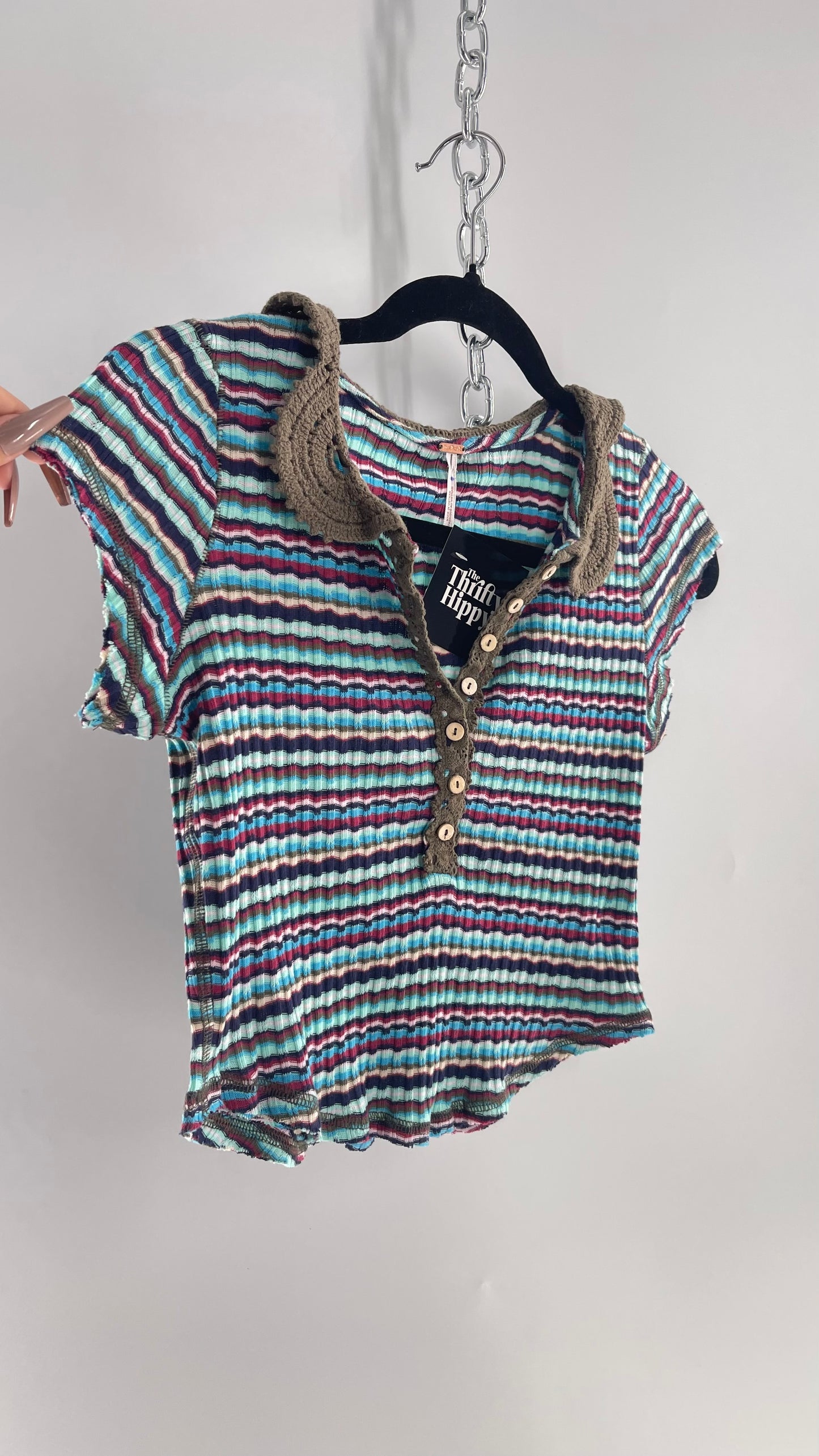 Free People Striped Short Sleeve with Crochet Knit Collar (XS)