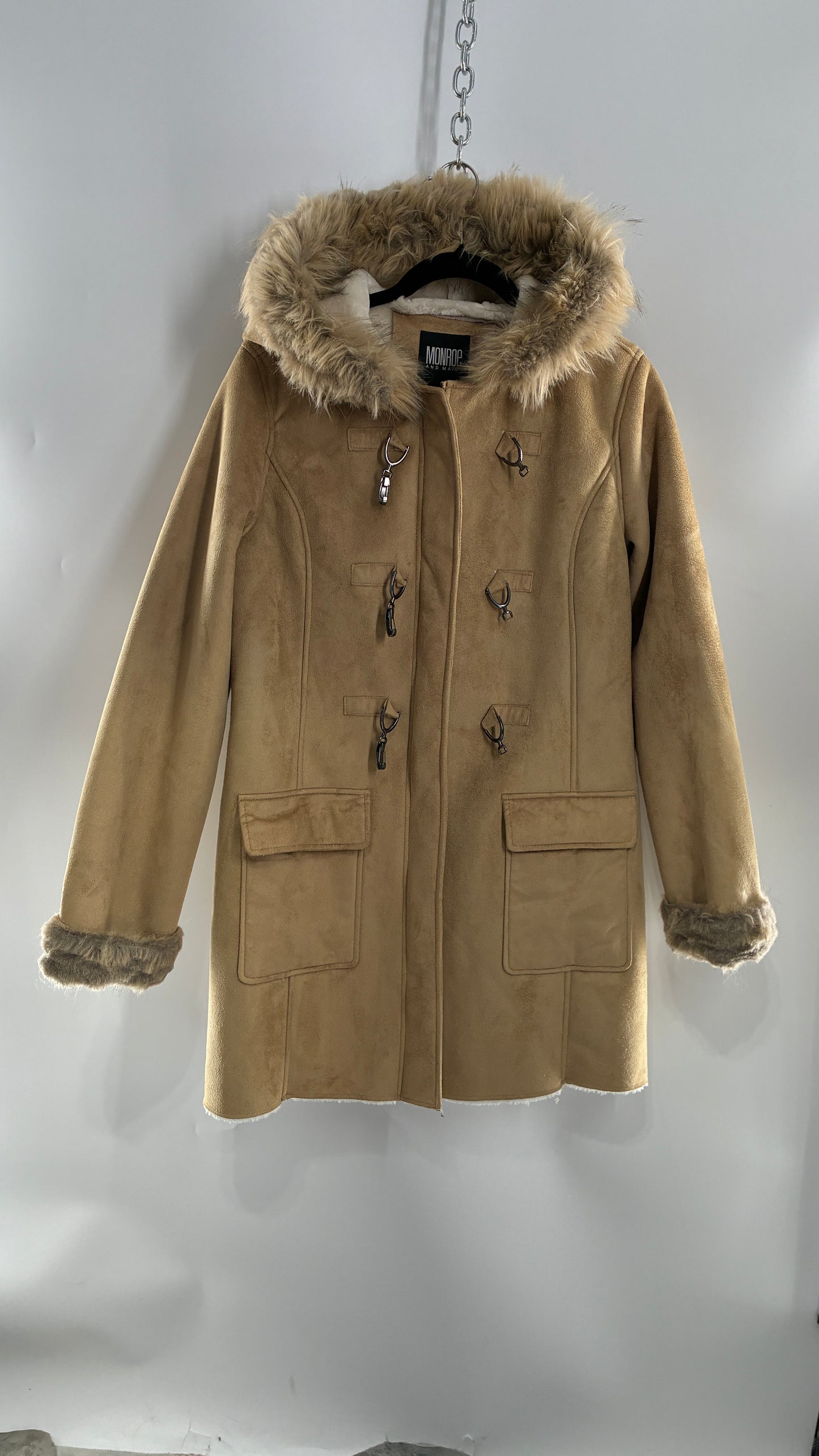 Deadstock Vintage MONROE AND MAIN Vegan Suede Coat with Fur Cuffs and Hood, Tags Attached (Medium)