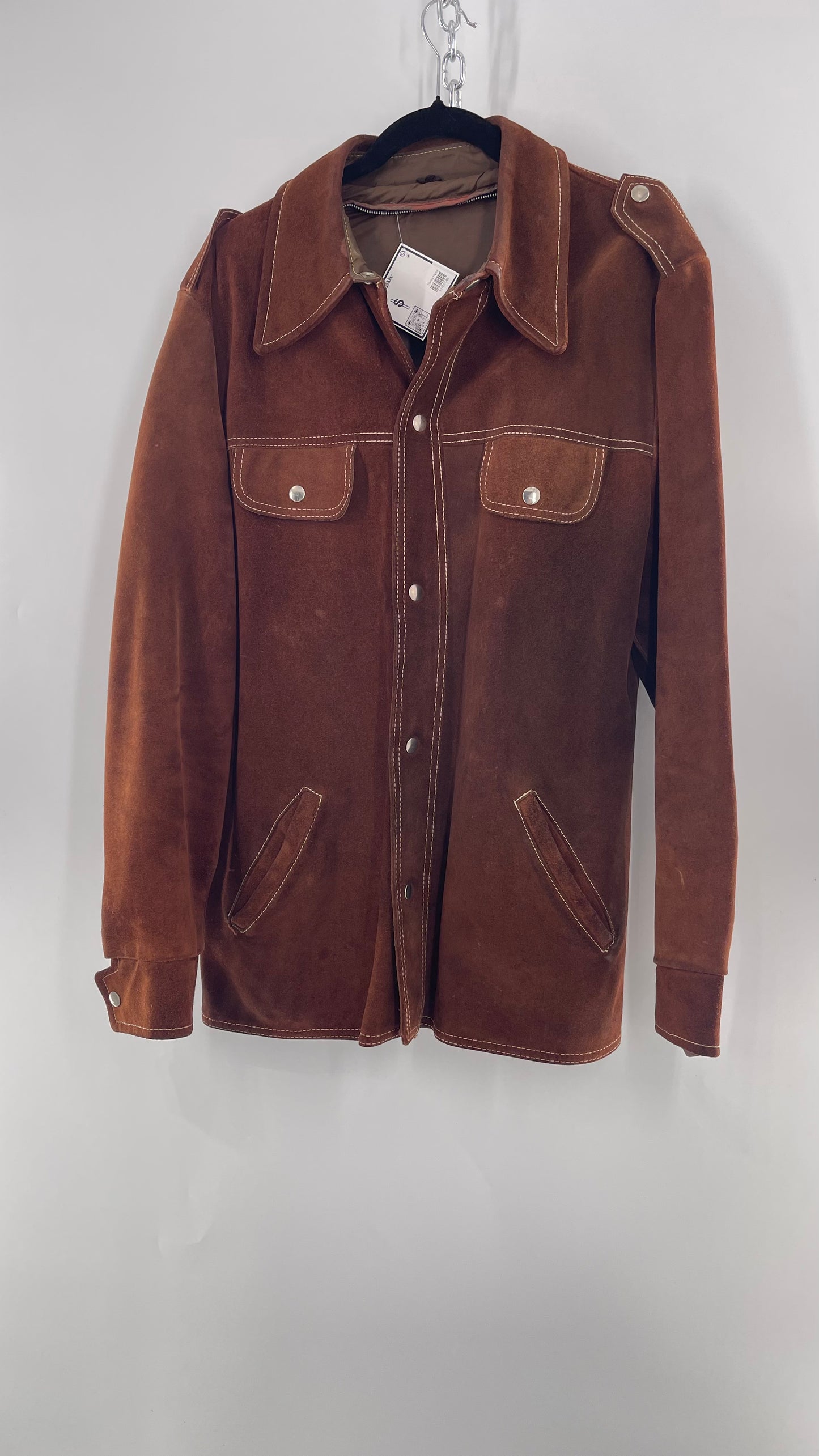 Vintage Brown Suede Jacket with Contrast White Stitching (C)(Large)